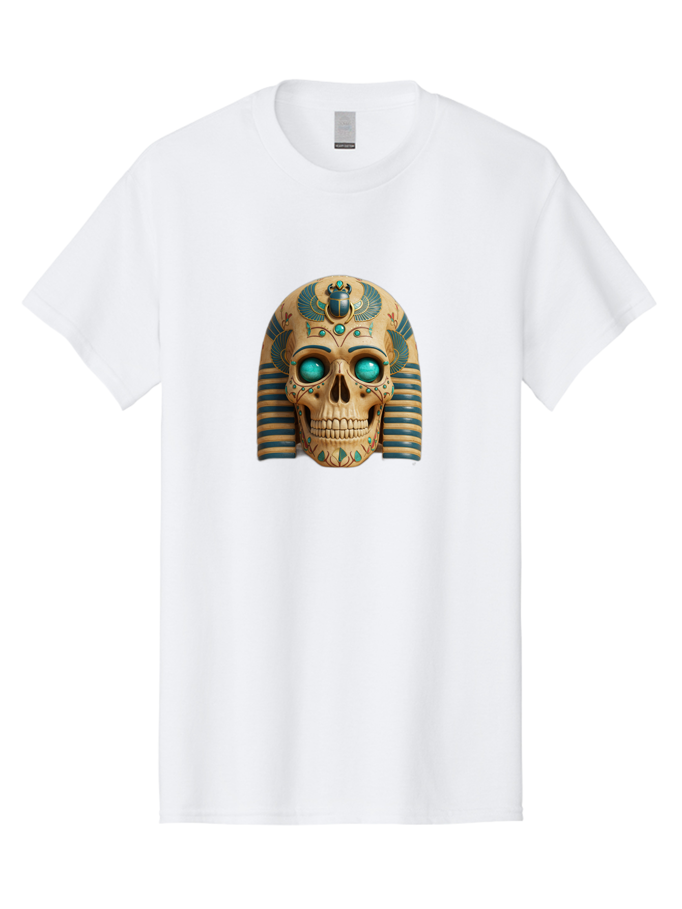 Skull-With-Egyptian-Headdress Men'S Graphic Tee, 100% Cotton, Comfortable Casual Summer Wear, Machine Washable, Ancient Egyptian Skull, Pharaoh'S Mask, Turquoise Gemstones, Blue Stripes, Scarab Beetle, Mystical Symbols, Intricate Designs, Bad608 3
