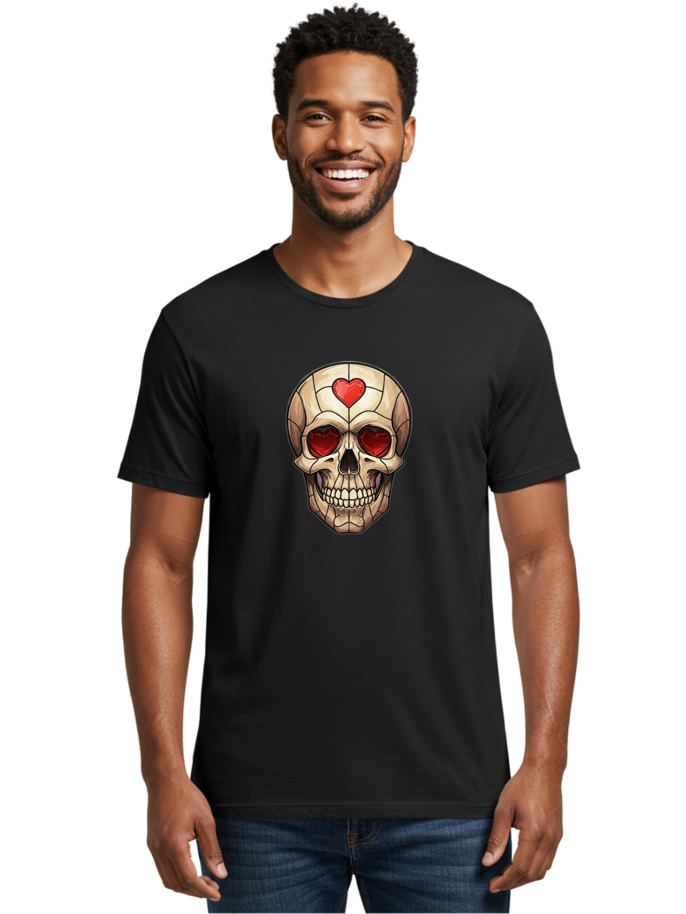 Skull-With-Heart-Eyes Men'S Graphic Tee, 100% Cotton, Comfortable Casual Summer Wear, Machine Washable, Cartoon Skull, Red Heart Eyes, Love Symbol, Grunge Art, Edgy Design, Tattoo Inspiration, Gothic Style, Heart-Shaped Eyes, Skull Art, Bad609 29