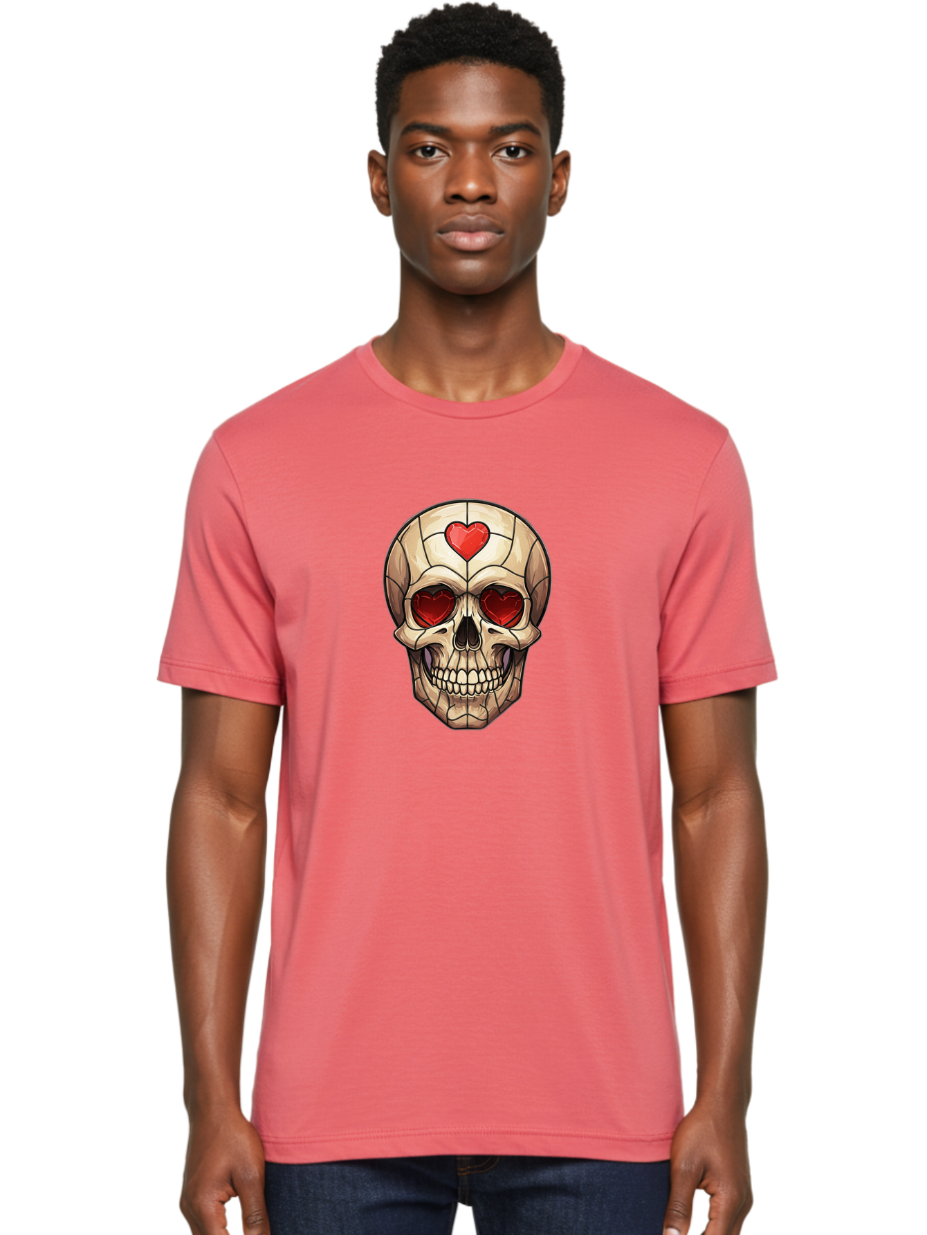 Skull-With-Heart-Eyes Men'S Graphic Tee, 100% Cotton, Comfortable Casual Summer Wear, Machine Washable, Cartoon Skull, Red Heart Eyes, Love Symbol, Grunge Art, Edgy Design, Tattoo Inspiration, Gothic Style, Heart-Shaped Eyes, Skull Art, Bad609 17