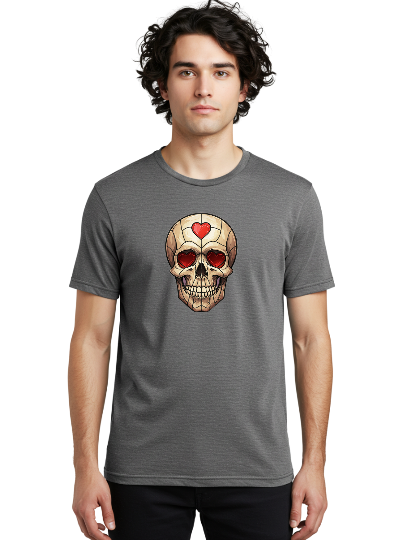 Skull-With-Heart-Eyes Men'S Graphic Tee, 100% Cotton, Comfortable Casual Summer Wear, Machine Washable, Cartoon Skull, Red Heart Eyes, Love Symbol, Grunge Art, Edgy Design, Tattoo Inspiration, Gothic Style, Heart-Shaped Eyes, Skull Art, Bad609 27