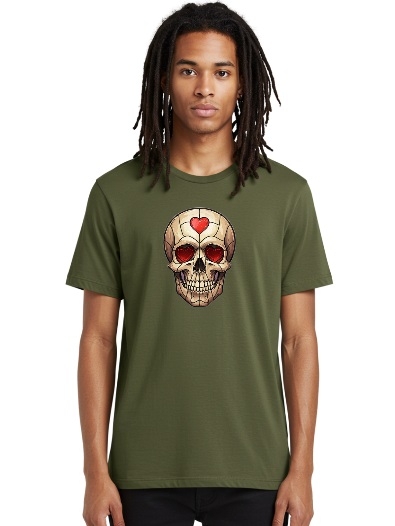 Skull-With-Heart-Eyes Men'S Graphic Tee, 100% Cotton, Comfortable Casual Summer Wear, Machine Washable, Cartoon Skull, Red Heart Eyes, Love Symbol, Grunge Art, Edgy Design, Tattoo Inspiration, Gothic Style, Heart-Shaped Eyes, Skull Art, Bad609 25