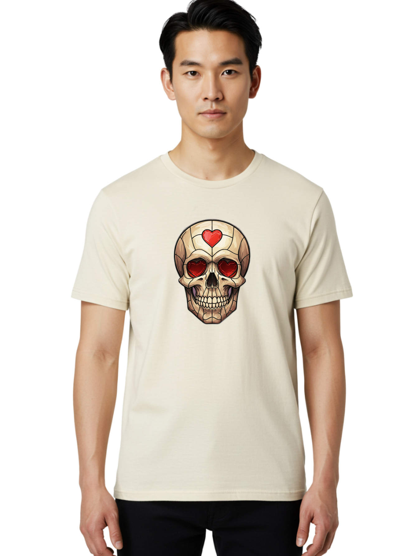 Skull-With-Heart-Eyes Men'S Graphic Tee, 100% Cotton, Comfortable Casual Summer Wear, Machine Washable, Cartoon Skull, Red Heart Eyes, Love Symbol, Grunge Art, Edgy Design, Tattoo Inspiration, Gothic Style, Heart-Shaped Eyes, Skull Art, Bad609 16