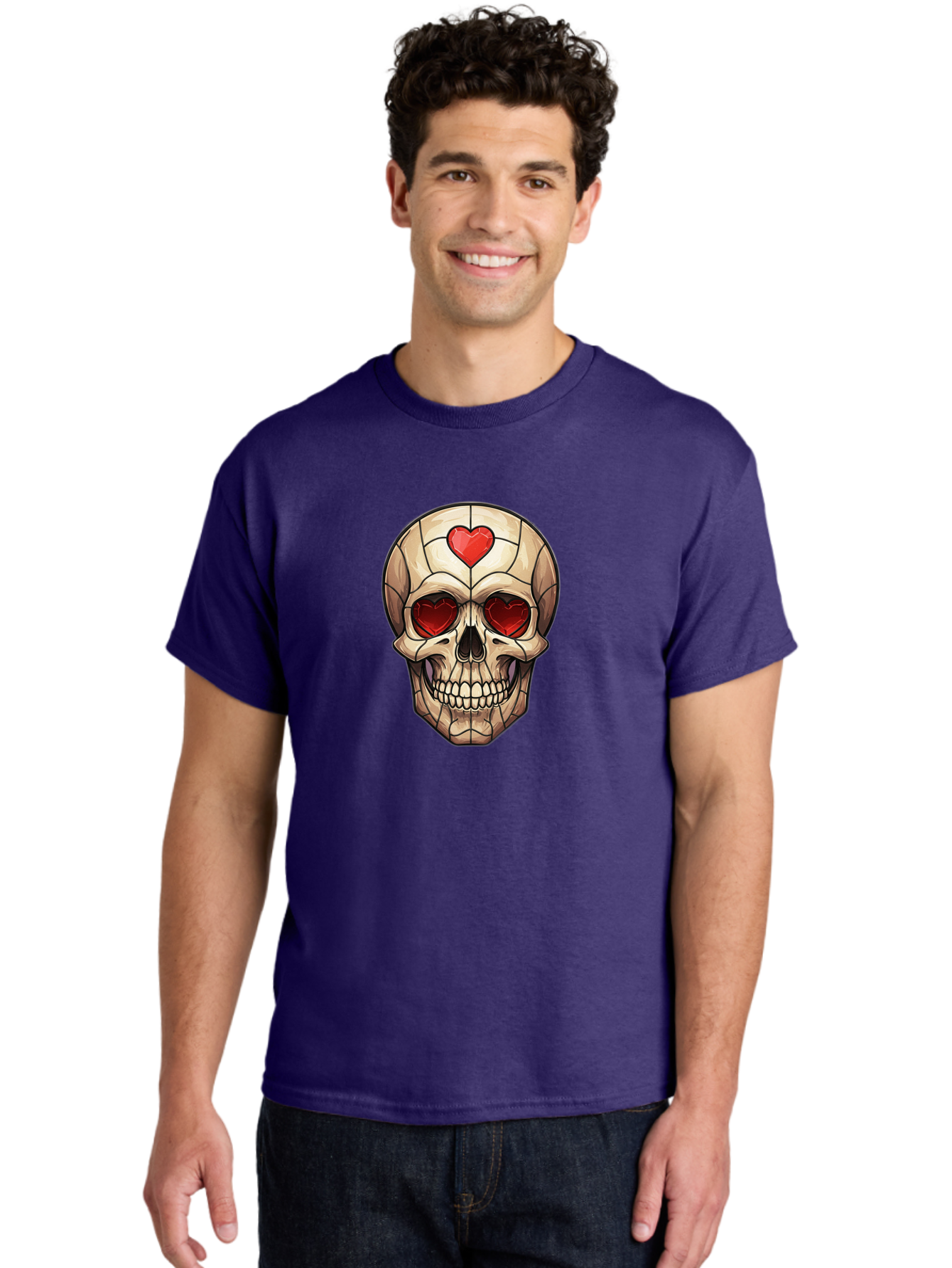 Skull-With-Heart-Eyes Men'S Graphic Tee, 100% Cotton, Comfortable Casual Summer Wear, Machine Washable, Cartoon Skull, Red Heart Eyes, Love Symbol, Grunge Art, Edgy Design, Tattoo Inspiration, Gothic Style, Heart-Shaped Eyes, Skull Art, Bad609 21