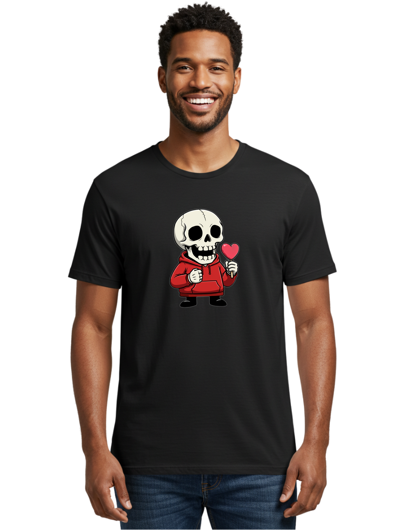 Skull-With-Heart-Lollipop Men'S Graphic Tee, 100% Cotton, Comfortable Casual Summer Wear, Machine Washable, Cartoon Skull, Red Hoodie, Heart-Shaped Lollipop, Sweet Treats, Quirky Character, Friendly Skeleton, Candy On Stick, Cartoon Art, Bad610 24