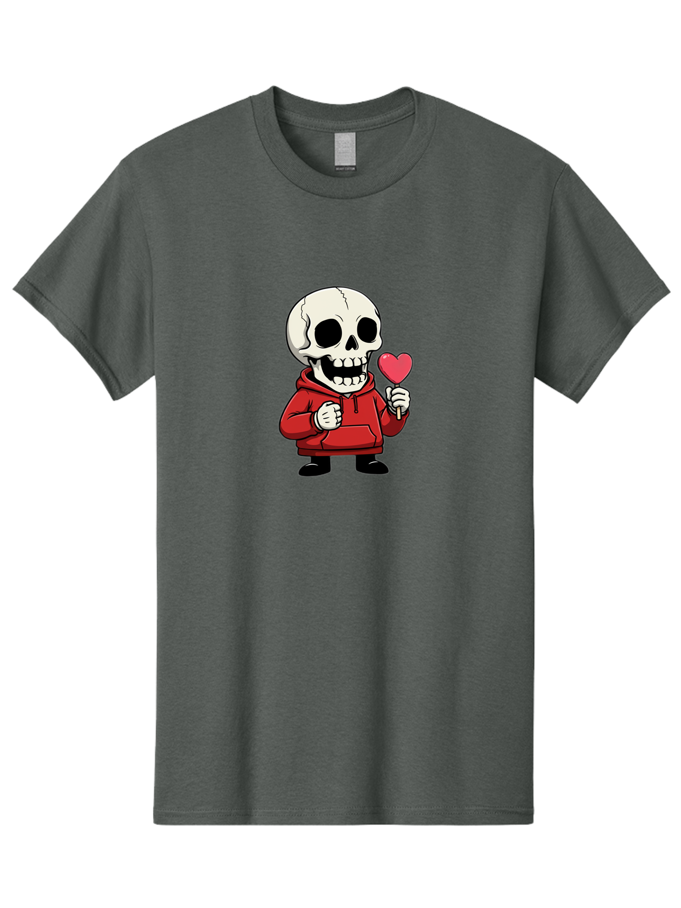 Skull-With-Heart-Lollipop Men'S Graphic Tee, 100% Cotton, Comfortable Casual Summer Wear, Machine Washable, Cartoon Skull, Red Hoodie, Heart-Shaped Lollipop, Sweet Treats, Quirky Character, Friendly Skeleton, Candy On Stick, Cartoon Art, Bad610 4