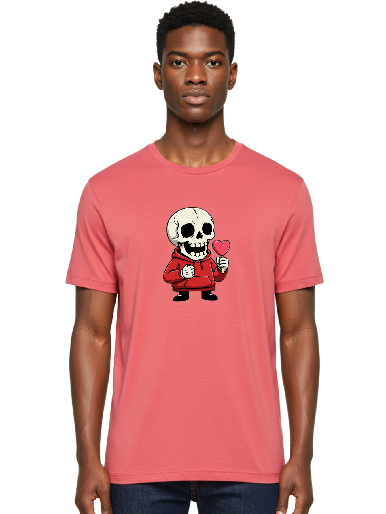 Skull-With-Heart-Lollipop Men'S Graphic Tee, 100% Cotton, Comfortable Casual Summer Wear, Machine Washable, Cartoon Skull, Red Hoodie, Heart-Shaped Lollipop, Sweet Treats, Quirky Character, Friendly Skeleton, Candy On Stick, Cartoon Art, Bad610 23