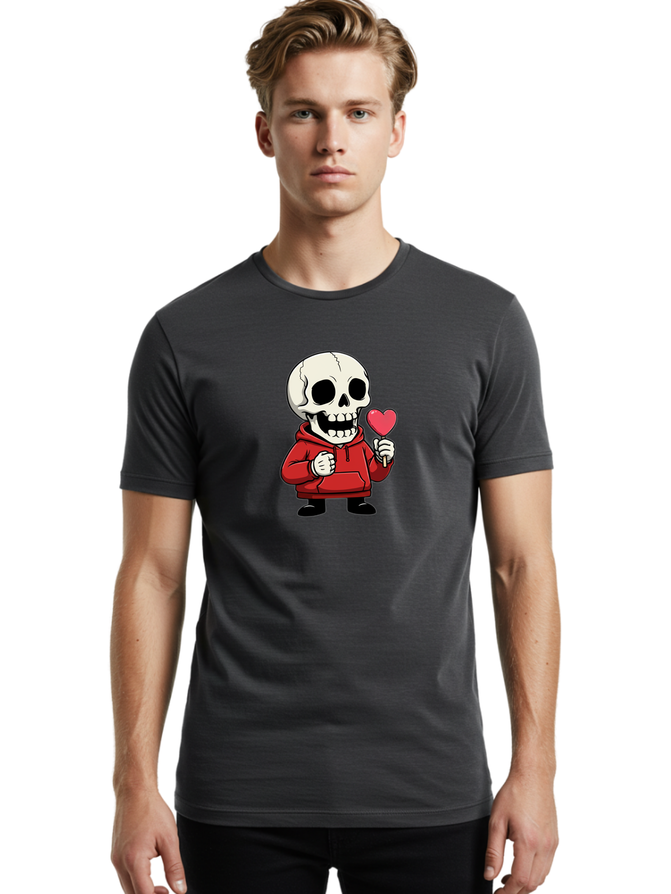 Skull-With-Heart-Lollipop Men'S Graphic Tee, 100% Cotton, Comfortable Casual Summer Wear, Machine Washable, Cartoon Skull, Red Hoodie, Heart-Shaped Lollipop, Sweet Treats, Quirky Character, Friendly Skeleton, Candy On Stick, Cartoon Art, Bad610 21