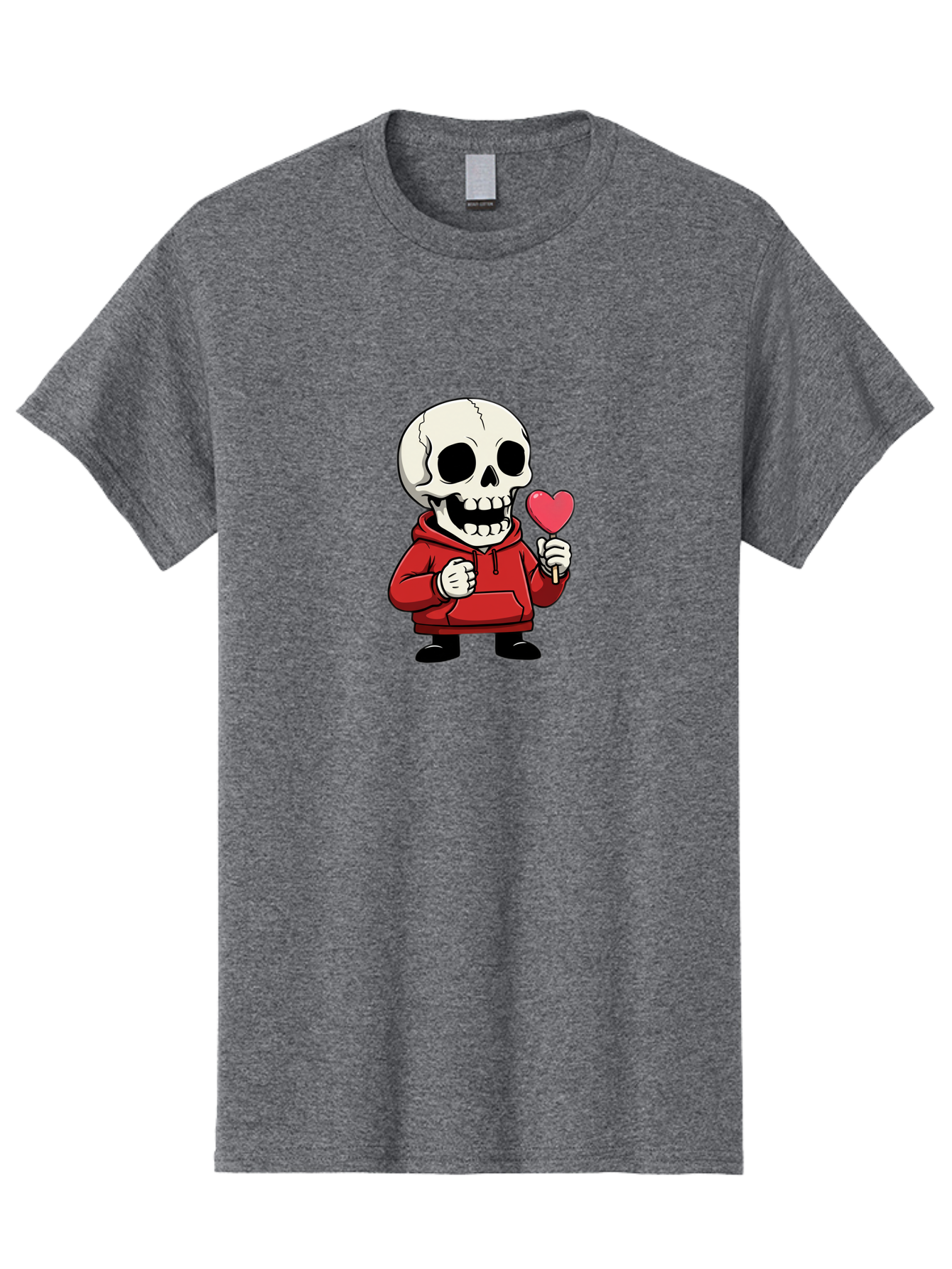 Skull-With-Heart-Lollipop Men'S Graphic Tee, 100% Cotton, Comfortable Casual Summer Wear, Machine Washable, Cartoon Skull, Red Hoodie, Heart-Shaped Lollipop, Sweet Treats, Quirky Character, Friendly Skeleton, Candy On Stick, Cartoon Art, Bad610 2