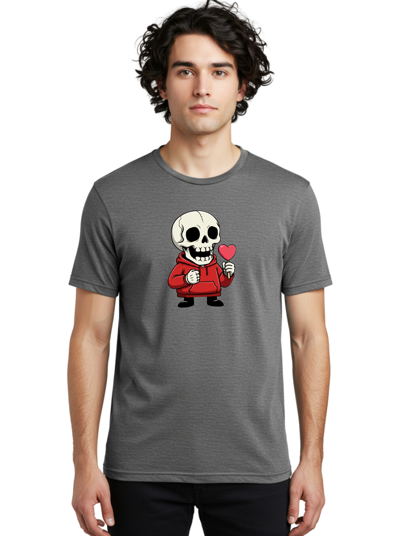 Skull-With-Heart-Lollipop Men'S Graphic Tee, 100% Cotton, Comfortable Casual Summer Wear, Machine Washable, Cartoon Skull, Red Hoodie, Heart-Shaped Lollipop, Sweet Treats, Quirky Character, Friendly Skeleton, Candy On Stick, Cartoon Art, Bad610 17