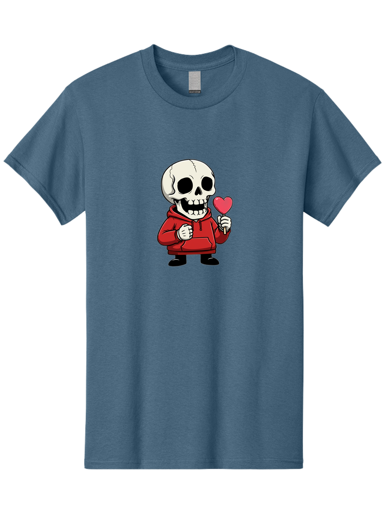 Skull-With-Heart-Lollipop Men'S Graphic Tee, 100% Cotton, Comfortable Casual Summer Wear, Machine Washable, Cartoon Skull, Red Hoodie, Heart-Shaped Lollipop, Sweet Treats, Quirky Character, Friendly Skeleton, Candy On Stick, Cartoon Art, Bad610 10