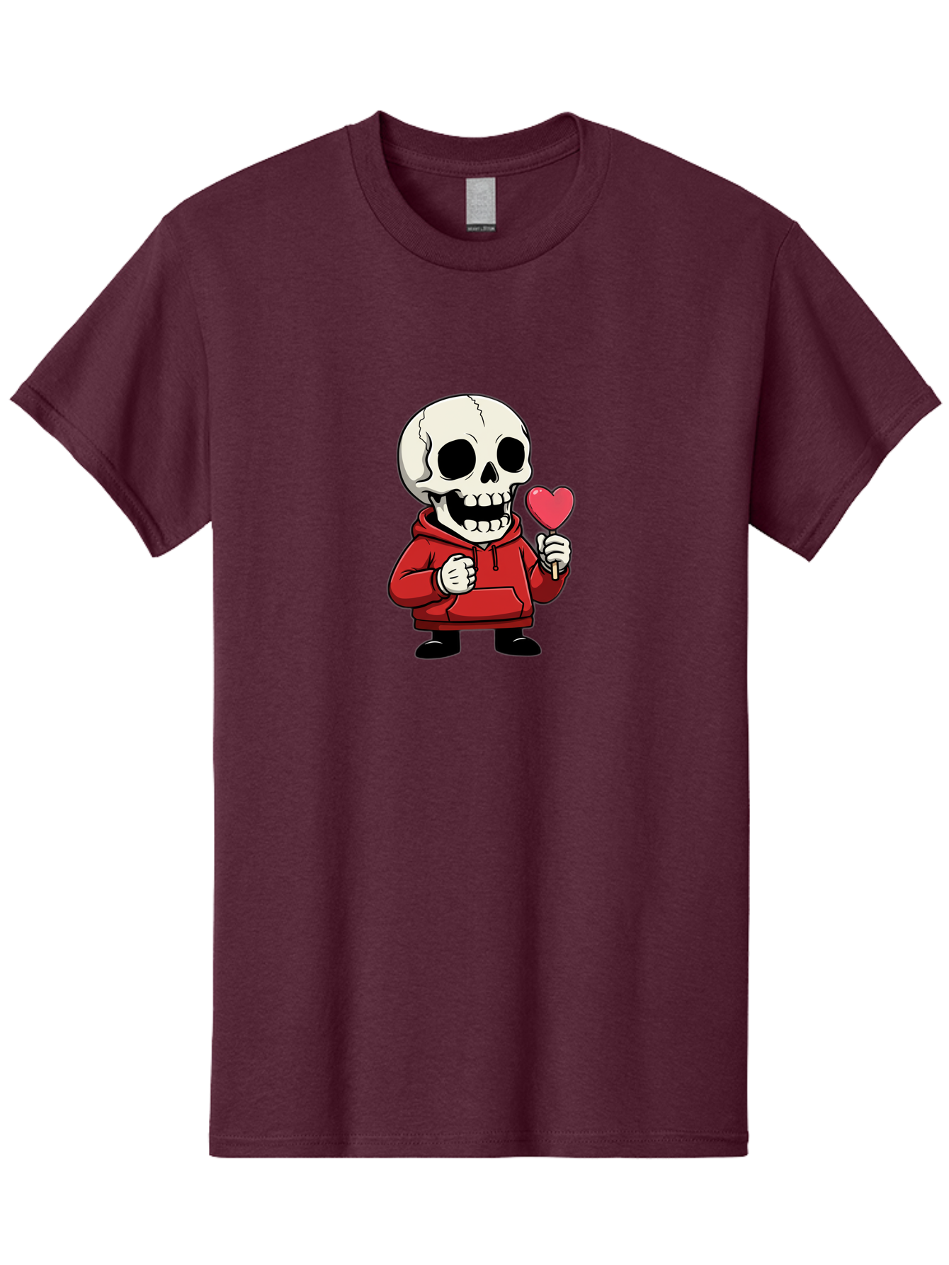 Skull-With-Heart-Lollipop Men'S Graphic Tee, 100% Cotton, Comfortable Casual Summer Wear, Machine Washable, Cartoon Skull, Red Hoodie, Heart-Shaped Lollipop, Sweet Treats, Quirky Character, Friendly Skeleton, Candy On Stick, Cartoon Art, Bad610 12
