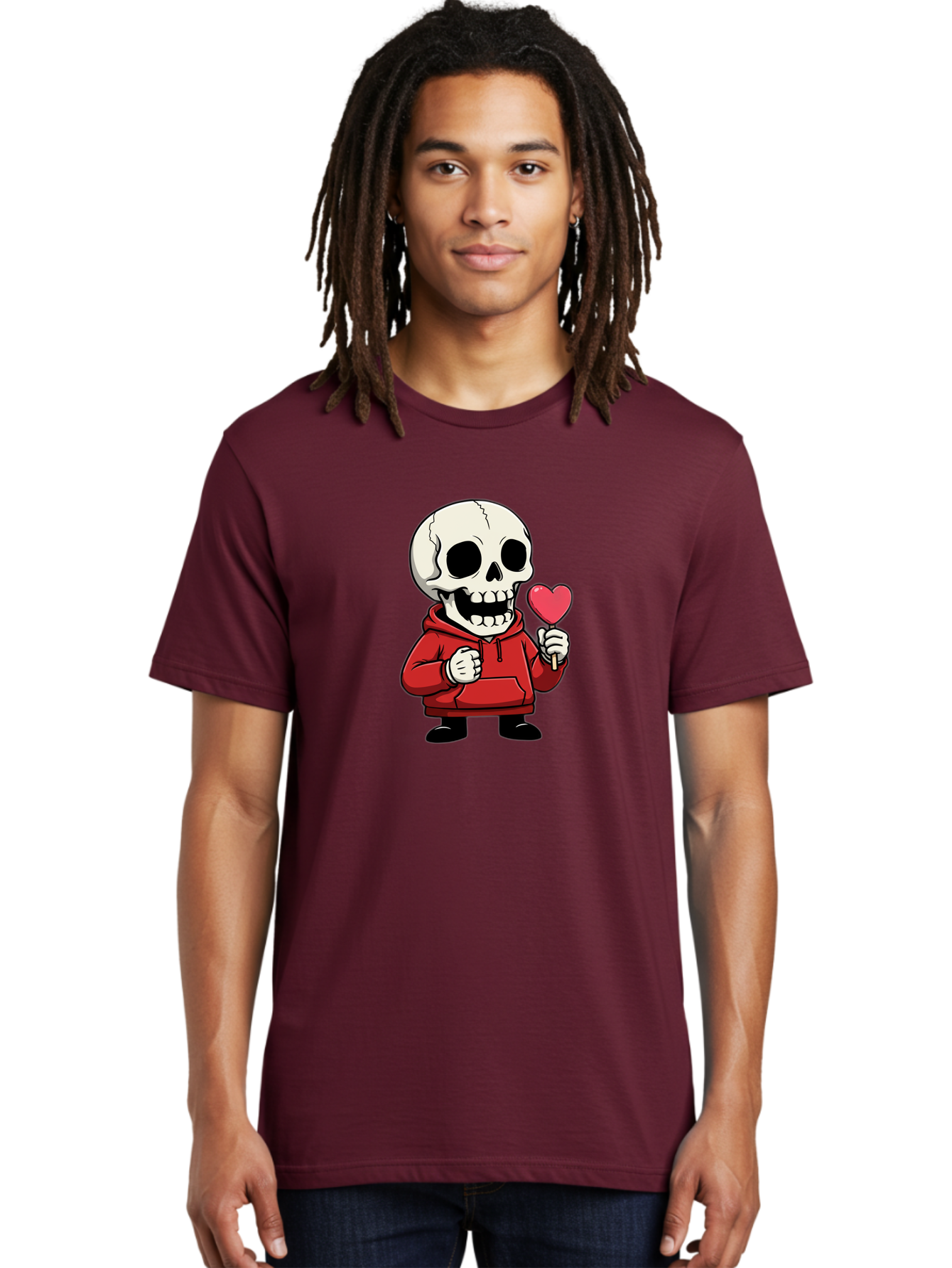 Skull-With-Heart-Lollipop Men'S Graphic Tee, 100% Cotton, Comfortable Casual Summer Wear, Machine Washable, Cartoon Skull, Red Hoodie, Heart-Shaped Lollipop, Sweet Treats, Quirky Character, Friendly Skeleton, Candy On Stick, Cartoon Art, Bad610 27