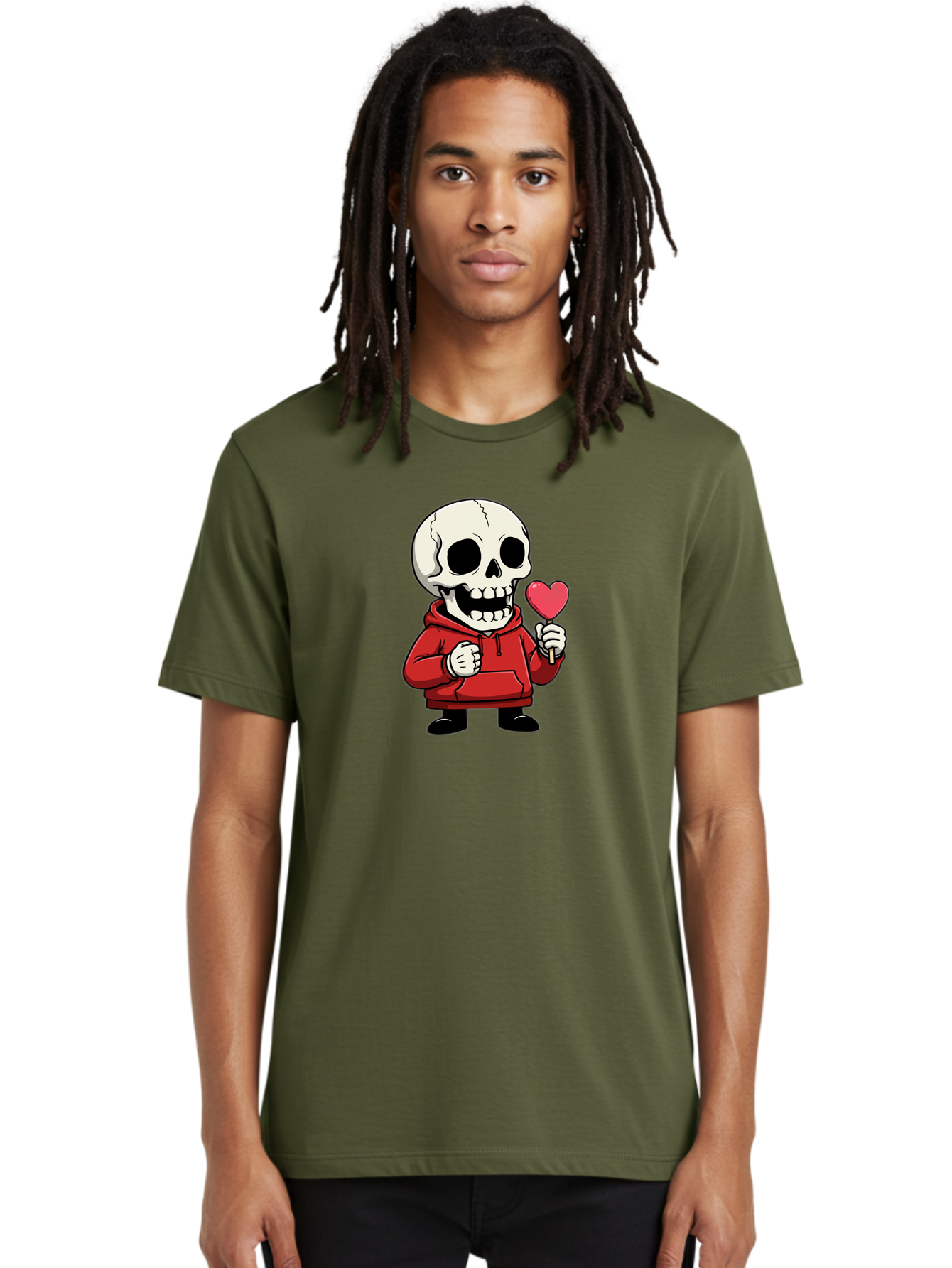 Skull-With-Heart-Lollipop Men'S Graphic Tee, 100% Cotton, Comfortable Casual Summer Wear, Machine Washable, Cartoon Skull, Red Hoodie, Heart-Shaped Lollipop, Sweet Treats, Quirky Character, Friendly Skeleton, Candy On Stick, Cartoon Art, Bad610 22