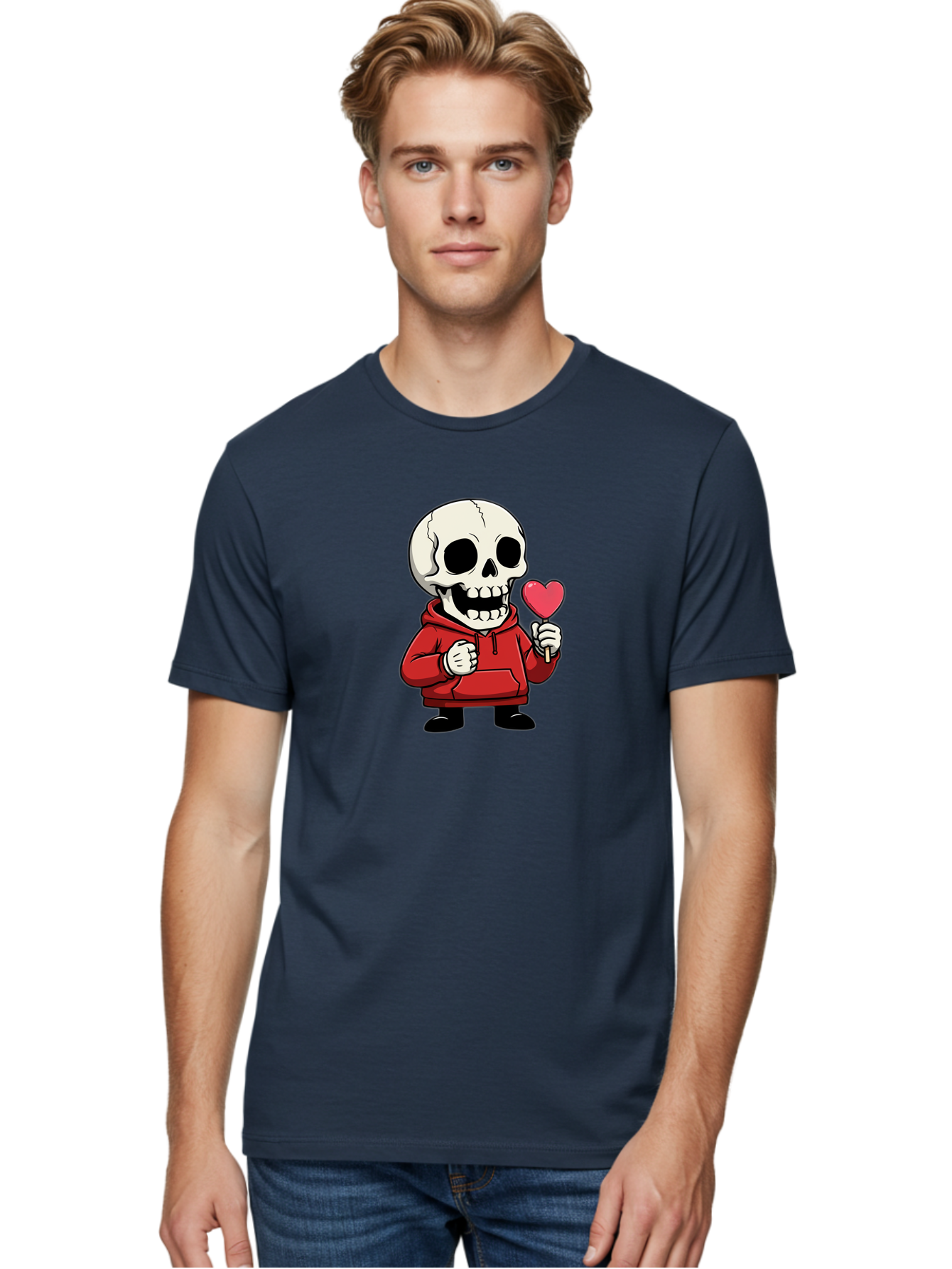 Skull-With-Heart-Lollipop Men'S Graphic Tee, 100% Cotton, Comfortable Casual Summer Wear, Machine Washable, Cartoon Skull, Red Hoodie, Heart-Shaped Lollipop, Sweet Treats, Quirky Character, Friendly Skeleton, Candy On Stick, Cartoon Art, Bad610 26