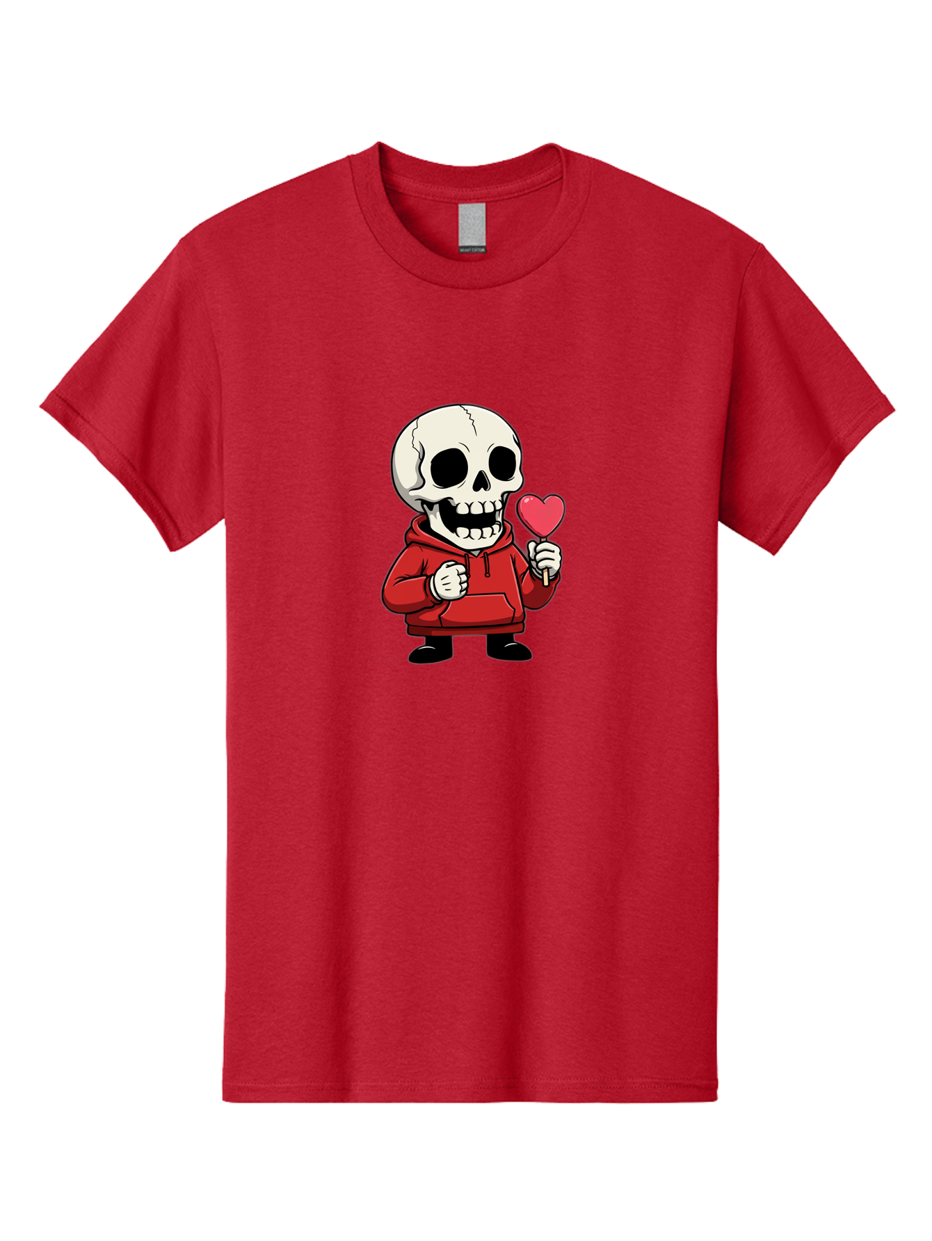 Skull-With-Heart-Lollipop Men'S Graphic Tee, 100% Cotton, Comfortable Casual Summer Wear, Machine Washable, Cartoon Skull, Red Hoodie, Heart-Shaped Lollipop, Sweet Treats, Quirky Character, Friendly Skeleton, Candy On Stick, Cartoon Art, Bad610 13
