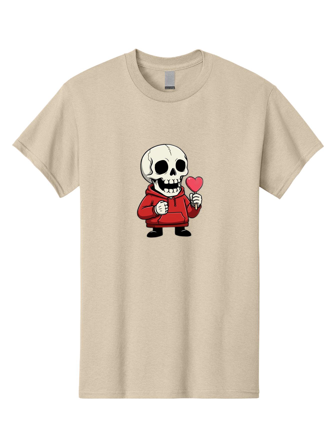Skull-With-Heart-Lollipop Men'S Graphic Tee, 100% Cotton, Comfortable Casual Summer Wear, Machine Washable, Cartoon Skull, Red Hoodie, Heart-Shaped Lollipop, Sweet Treats, Quirky Character, Friendly Skeleton, Candy On Stick, Cartoon Art, Bad610 3