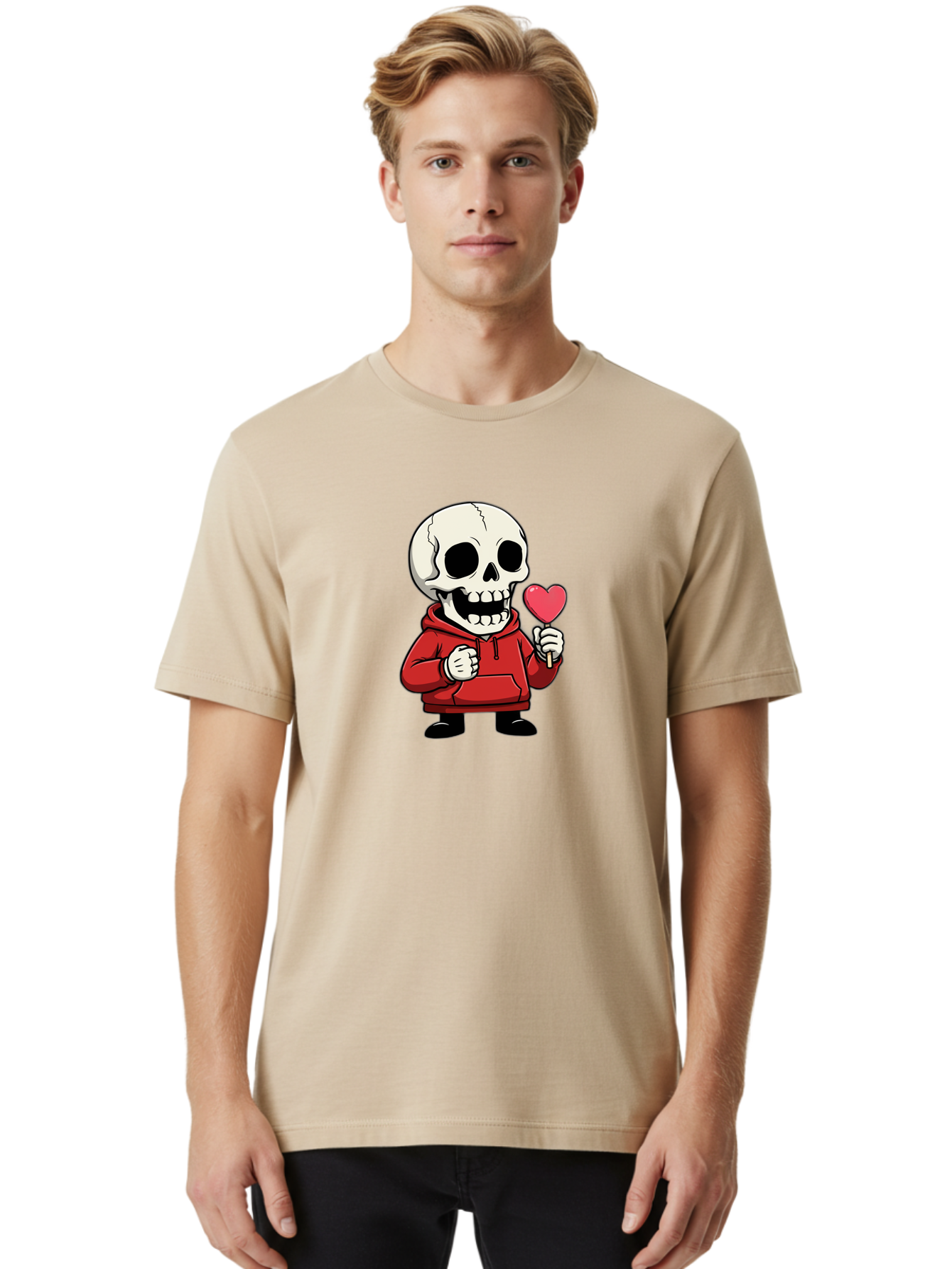 Skull-With-Heart-Lollipop Men'S Graphic Tee, 100% Cotton, Comfortable Casual Summer Wear, Machine Washable, Cartoon Skull, Red Hoodie, Heart-Shaped Lollipop, Sweet Treats, Quirky Character, Friendly Skeleton, Candy On Stick, Cartoon Art, Bad610 18