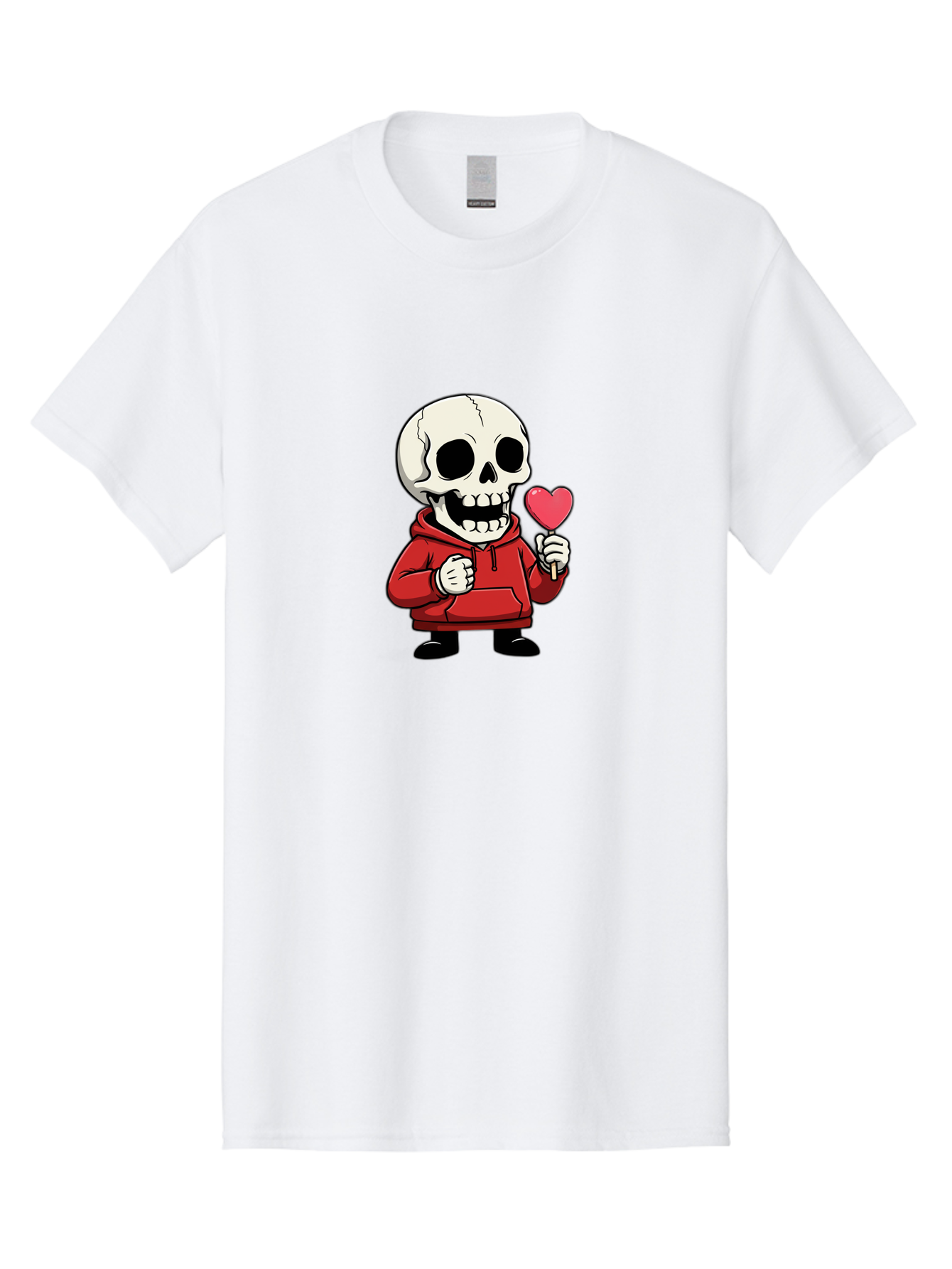 Skull-With-Heart-Lollipop Men'S Graphic Tee, 100% Cotton, Comfortable Casual Summer Wear, Machine Washable, Cartoon Skull, Red Hoodie, Heart-Shaped Lollipop, Sweet Treats, Quirky Character, Friendly Skeleton, Candy On Stick, Cartoon Art, Bad610 1