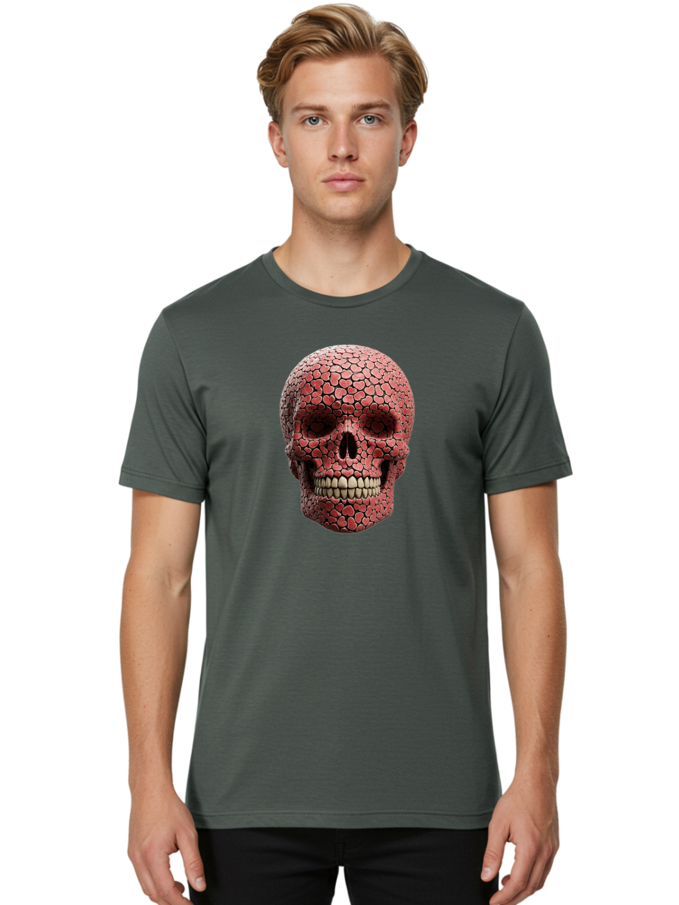 Skull-With-Hearts Men'S Graphic Tee, 100% Cotton, Comfortable Casual Summer Wear, Machine Washable, Skull Covered In Hearts, Red Hearts, Unique Design, Bold Art, Valentine'S Day Theme, Quirky Skull Art, 3D Illustration, Heart Pattern, Bad611 16