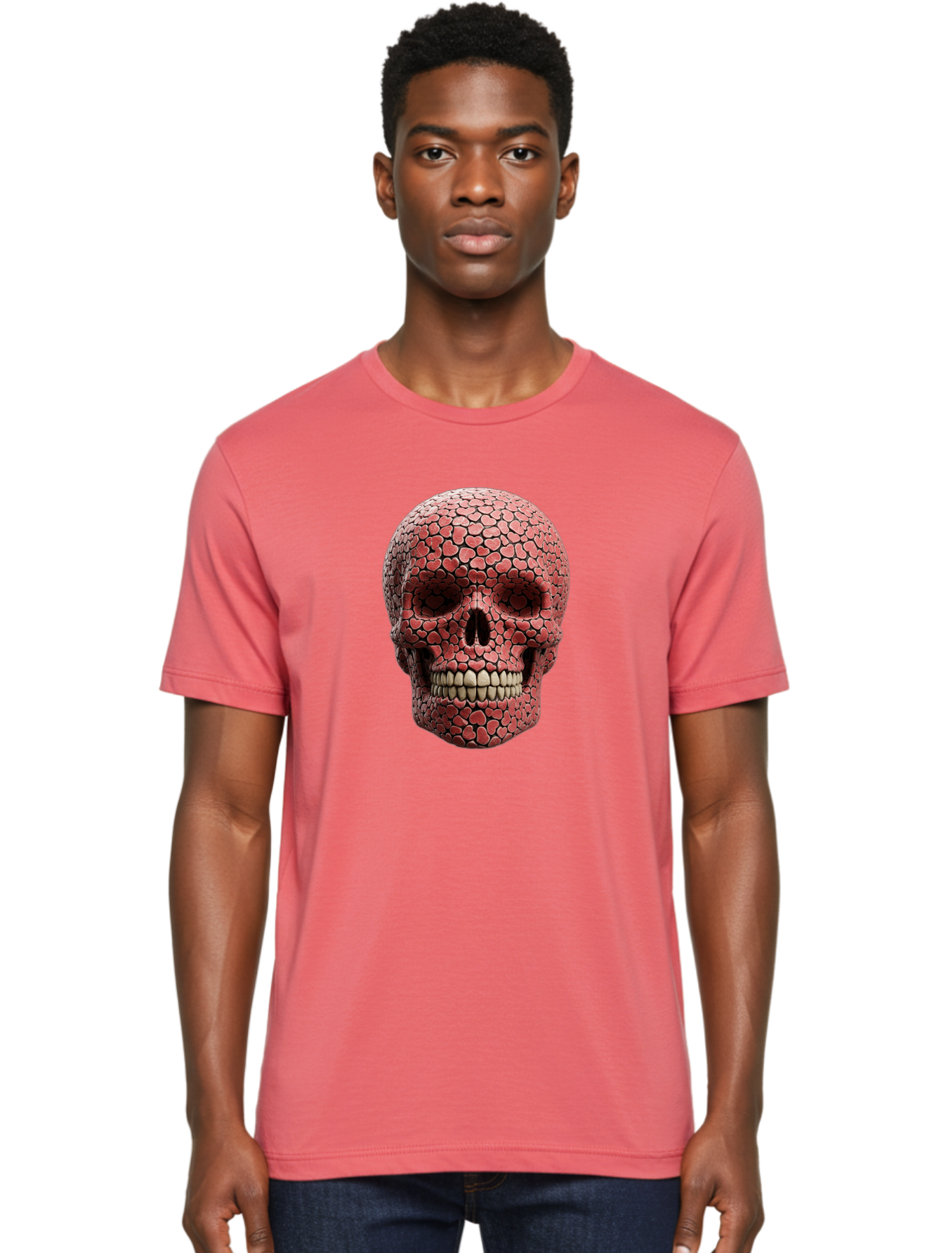 Skull-With-Hearts Men'S Graphic Tee, 100% Cotton, Comfortable Casual Summer Wear, Machine Washable, Skull Covered In Hearts, Red Hearts, Unique Design, Bold Art, Valentine'S Day Theme, Quirky Skull Art, 3D Illustration, Heart Pattern, Bad611 29