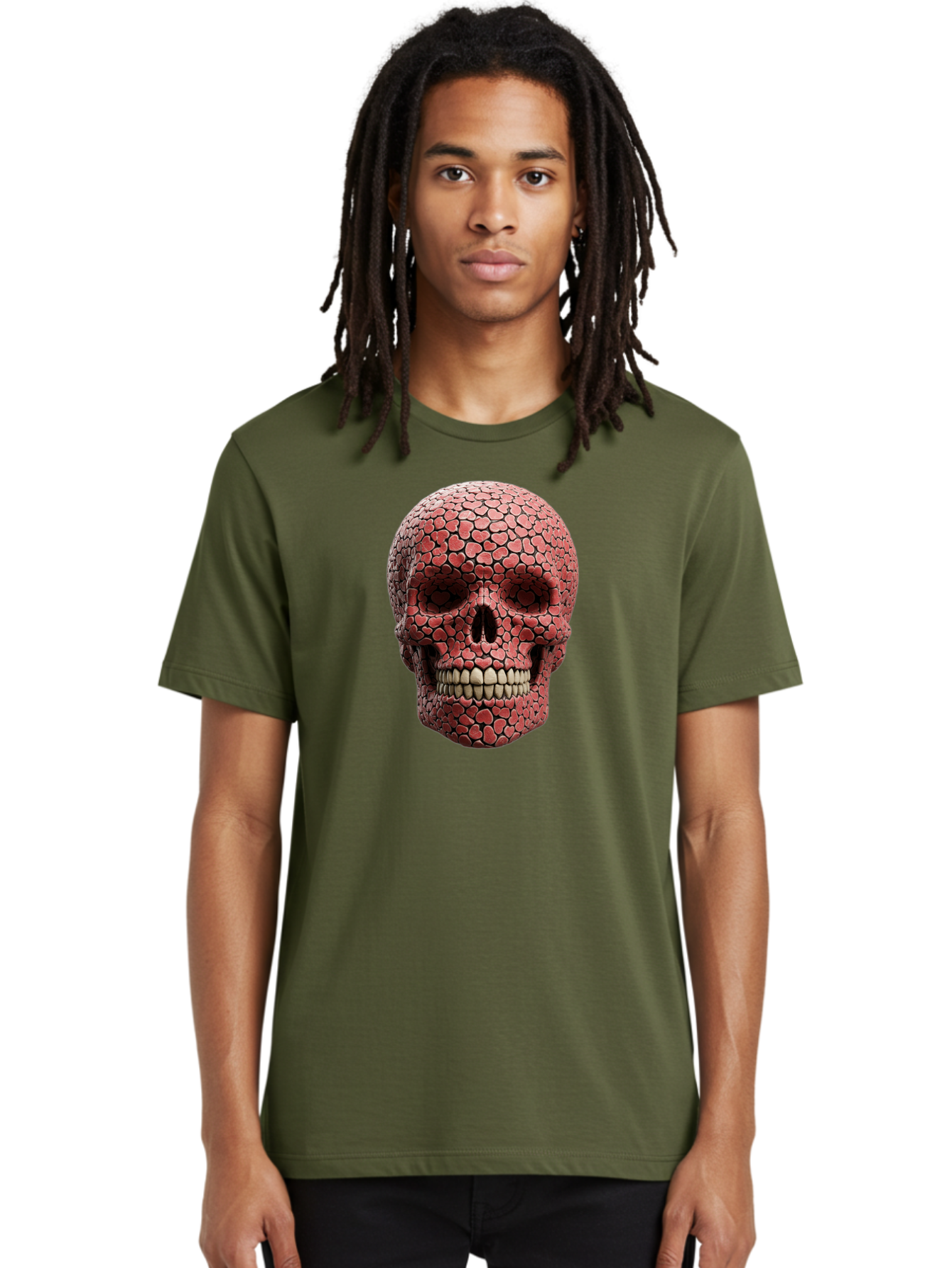 Skull-With-Hearts Men'S Graphic Tee, 100% Cotton, Comfortable Casual Summer Wear, Machine Washable, Skull Covered In Hearts, Red Hearts, Unique Design, Bold Art, Valentine'S Day Theme, Quirky Skull Art, 3D Illustration, Heart Pattern, Bad611 24