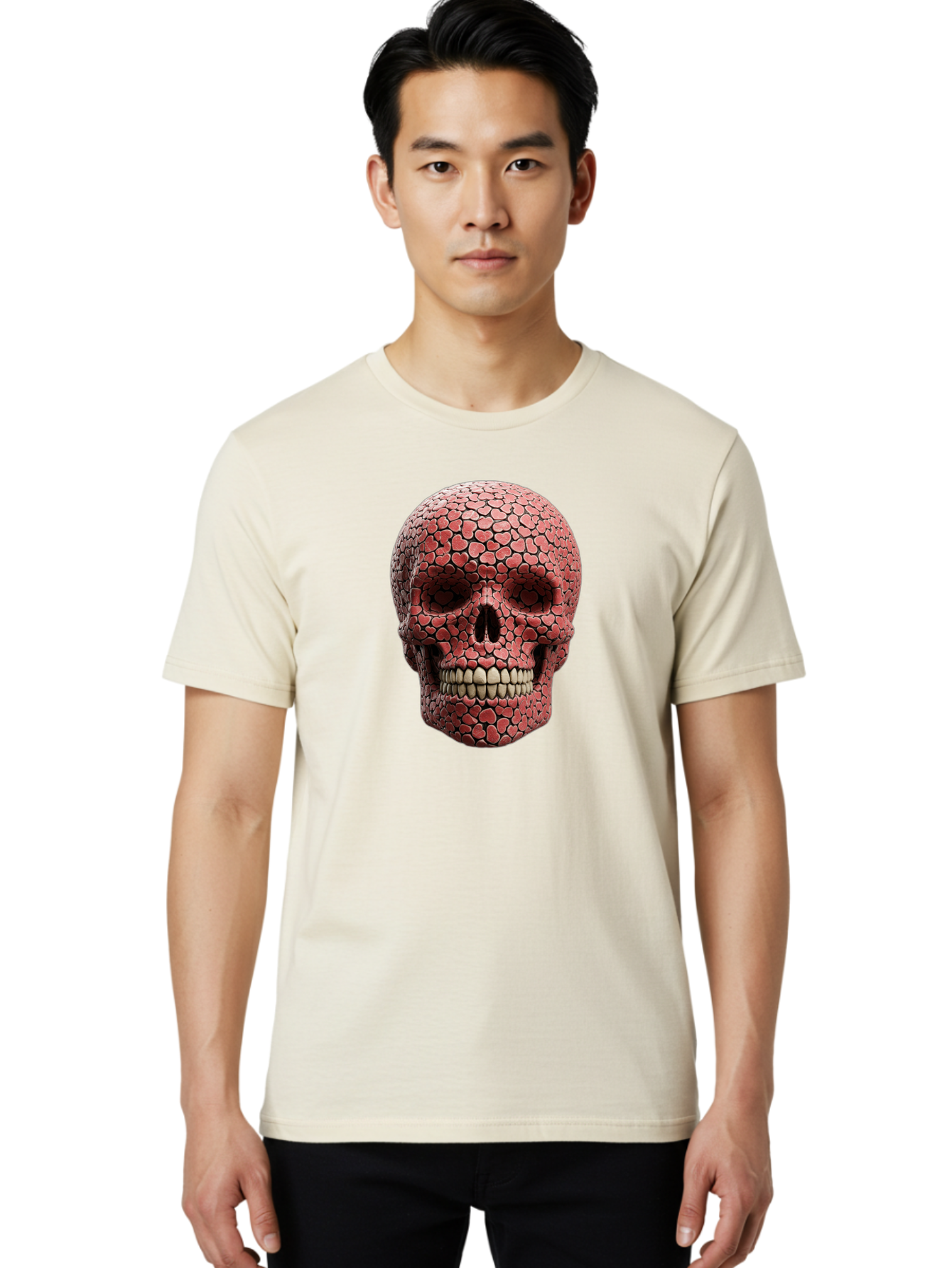 Skull-With-Hearts Men'S Graphic Tee, 100% Cotton, Comfortable Casual Summer Wear, Machine Washable, Skull Covered In Hearts, Red Hearts, Unique Design, Bold Art, Valentine'S Day Theme, Quirky Skull Art, 3D Illustration, Heart Pattern, Bad611 27