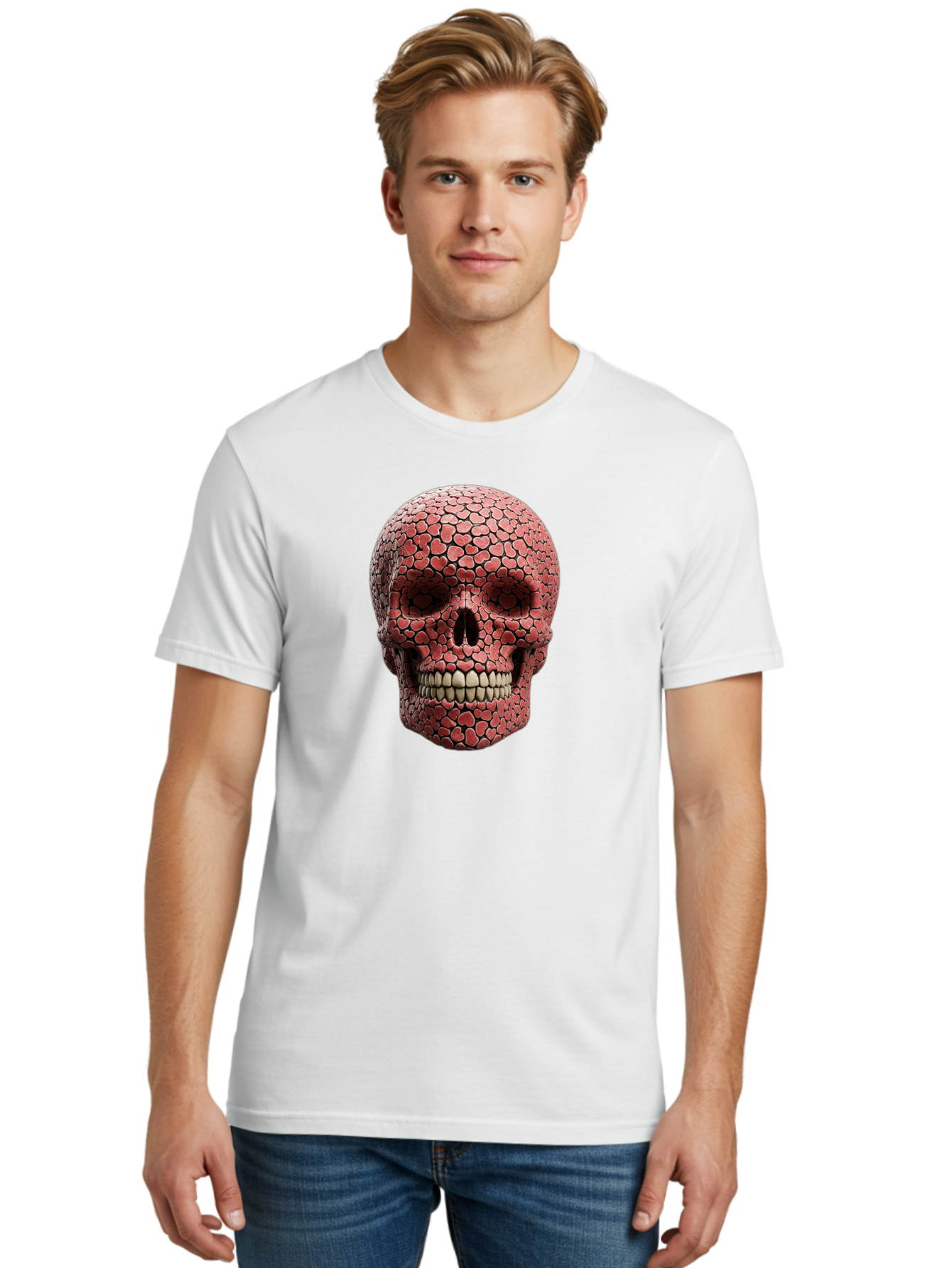 Skull-With-Hearts Men'S Graphic Tee, 100% Cotton, Comfortable Casual Summer Wear, Machine Washable, Skull Covered In Hearts, Red Hearts, Unique Design, Bold Art, Valentine'S Day Theme, Quirky Skull Art, 3D Illustration, Heart Pattern, Bad611 23