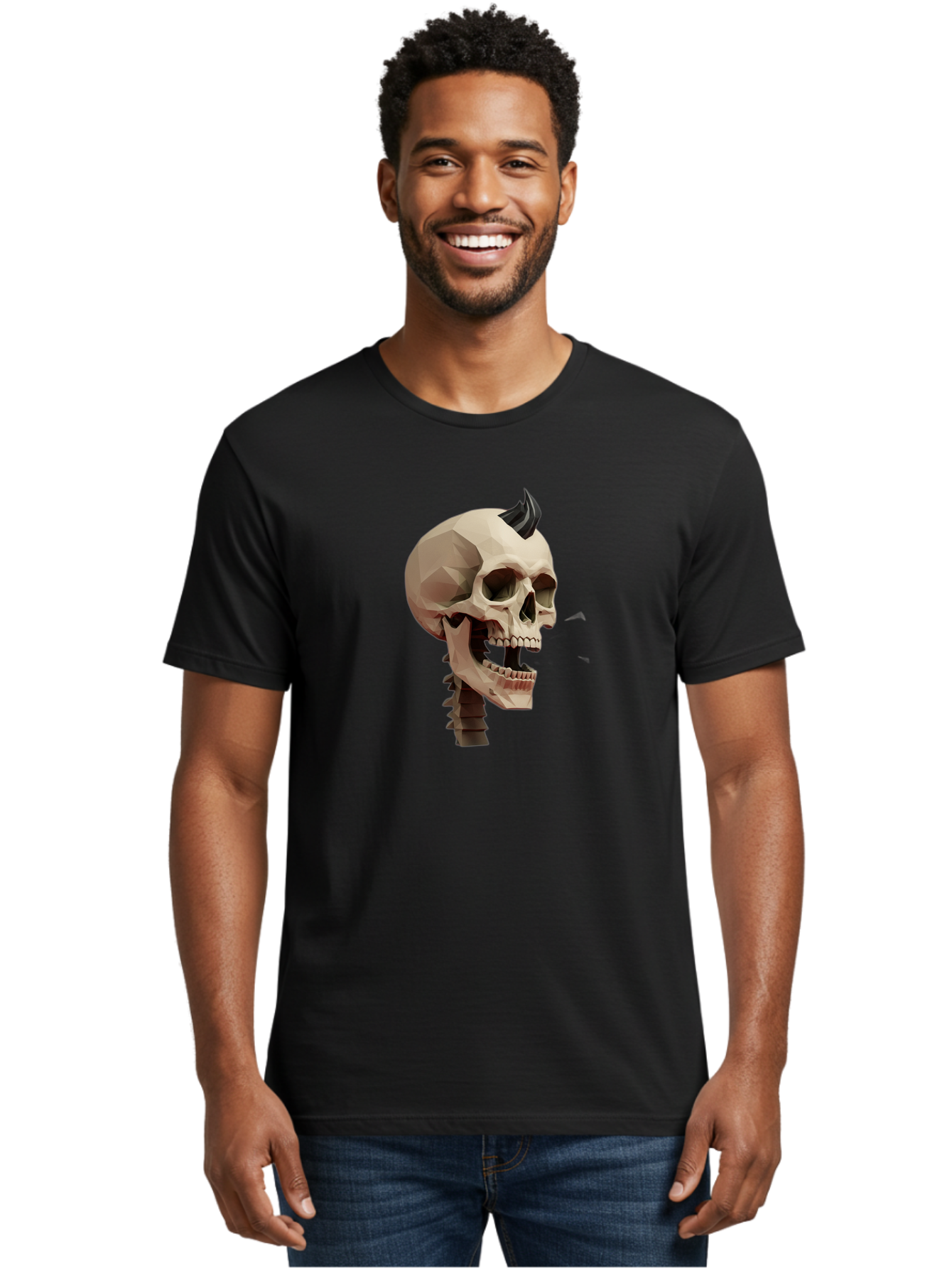 Skull-With-Mohawk Men'S Graphic Tee, 100% Cotton, Comfortable Casual Summer Wear, Machine Washable, Low Poly Skull, Geometric Shape, Punk Rock Style, Rock On, Low Poly Art, Gothic Skull, Punk Aesthetic, 3D Model, Skull Design Bad612 22