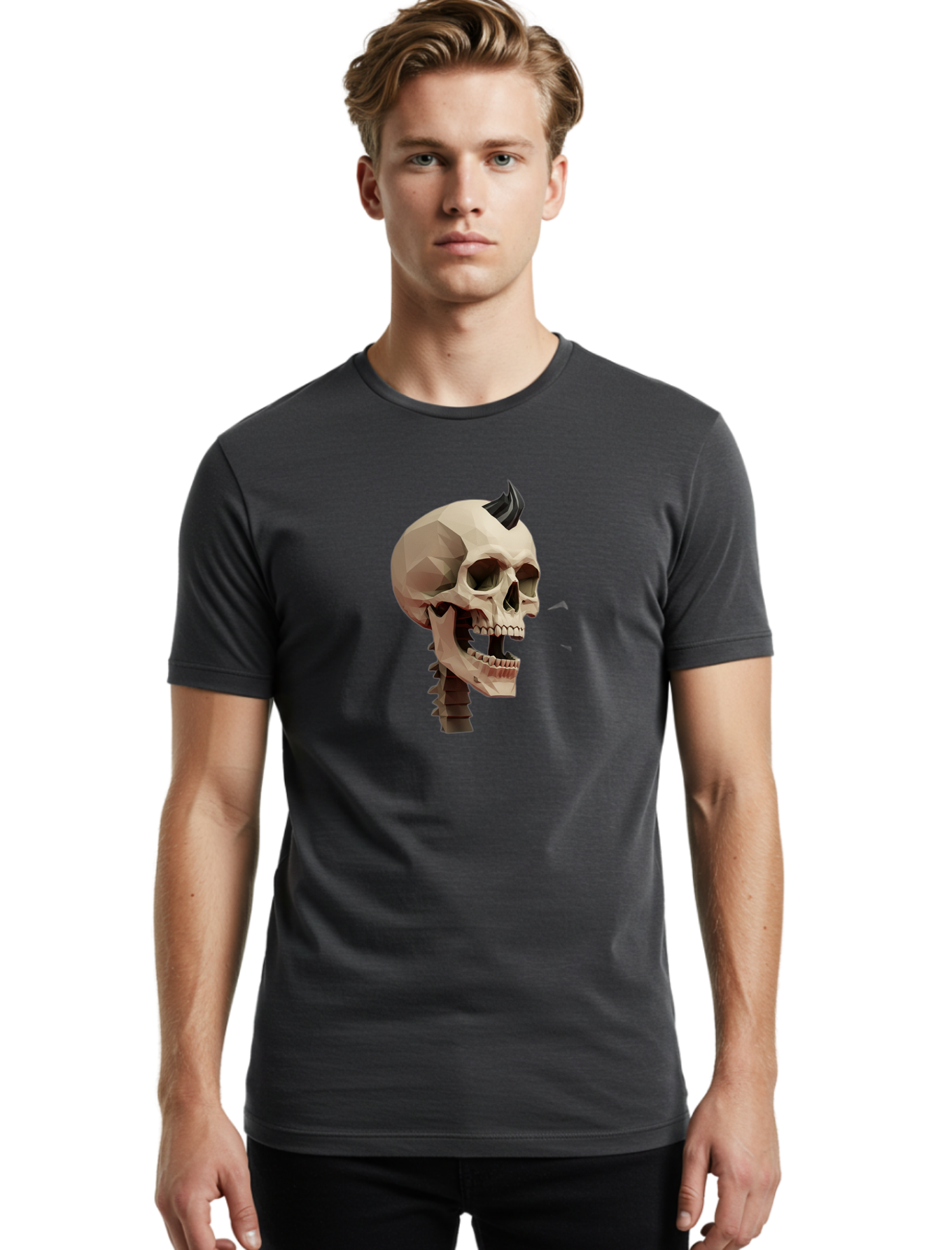 Skull-With-Mohawk Men'S Graphic Tee, 100% Cotton, Comfortable Casual Summer Wear, Machine Washable, Low Poly Skull, Geometric Shape, Punk Rock Style, Rock On, Low Poly Art, Gothic Skull, Punk Aesthetic, 3D Model, Skull Design Bad612 25