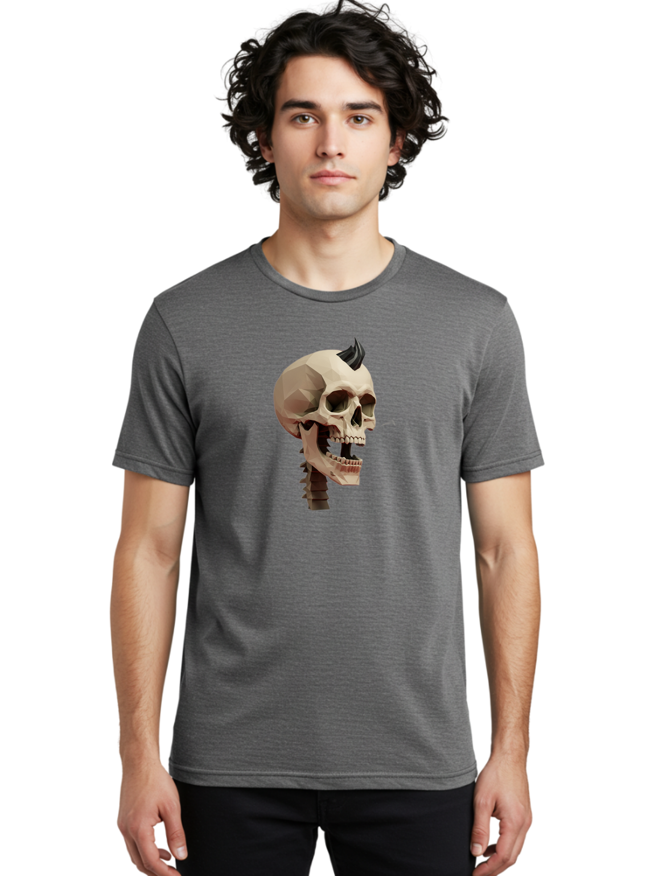 Skull-With-Mohawk Men'S Graphic Tee, 100% Cotton, Comfortable Casual Summer Wear, Machine Washable, Low Poly Skull, Geometric Shape, Punk Rock Style, Rock On, Low Poly Art, Gothic Skull, Punk Aesthetic, 3D Model, Skull Design Bad612 16