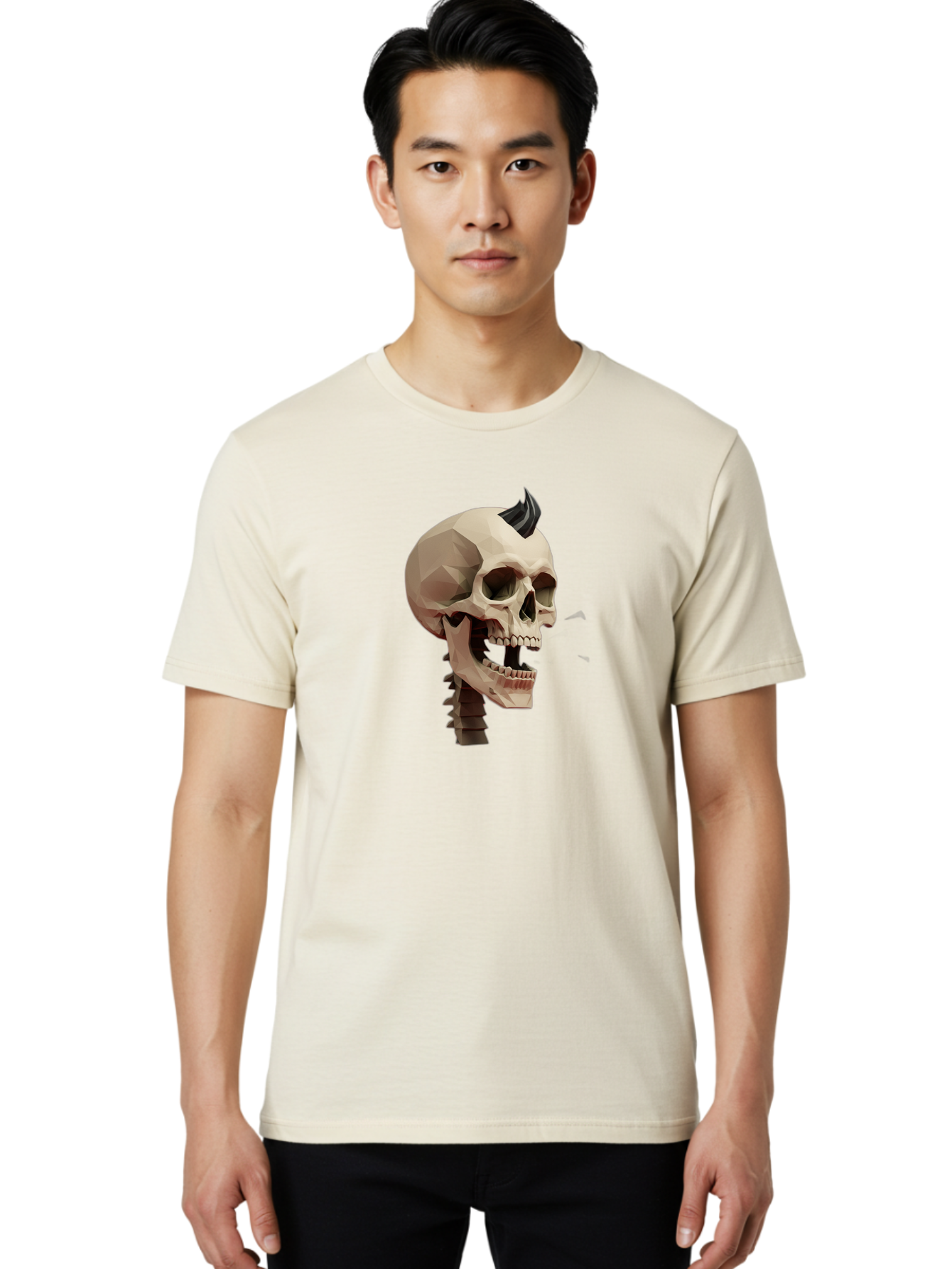 Skull-With-Mohawk Men'S Graphic Tee, 100% Cotton, Comfortable Casual Summer Wear, Machine Washable, Low Poly Skull, Geometric Shape, Punk Rock Style, Rock On, Low Poly Art, Gothic Skull, Punk Aesthetic, 3D Model, Skull Design Bad612 21
