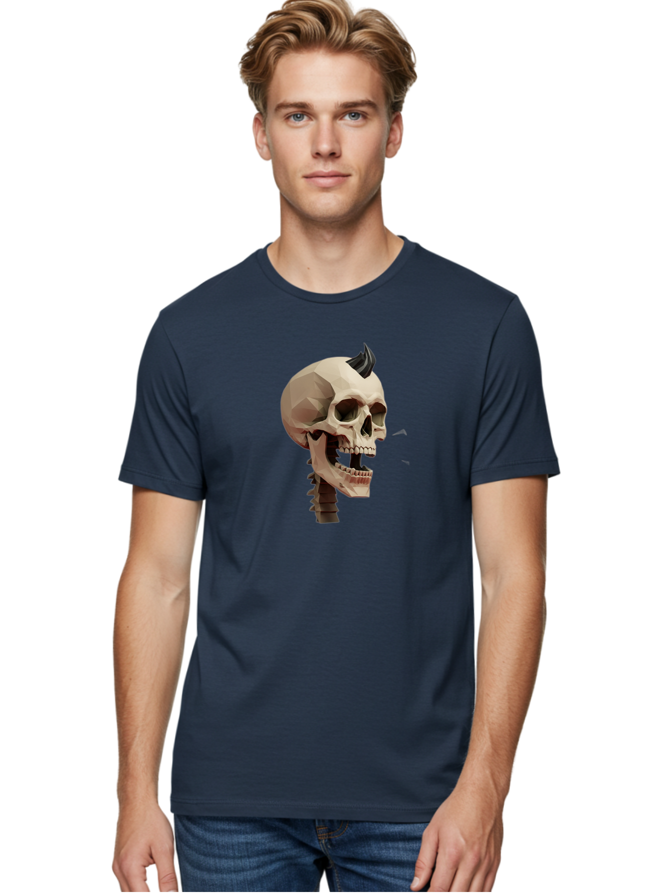 Skull-With-Mohawk Men'S Graphic Tee, 100% Cotton, Comfortable Casual Summer Wear, Machine Washable, Low Poly Skull, Geometric Shape, Punk Rock Style, Rock On, Low Poly Art, Gothic Skull, Punk Aesthetic, 3D Model, Skull Design Bad612 24