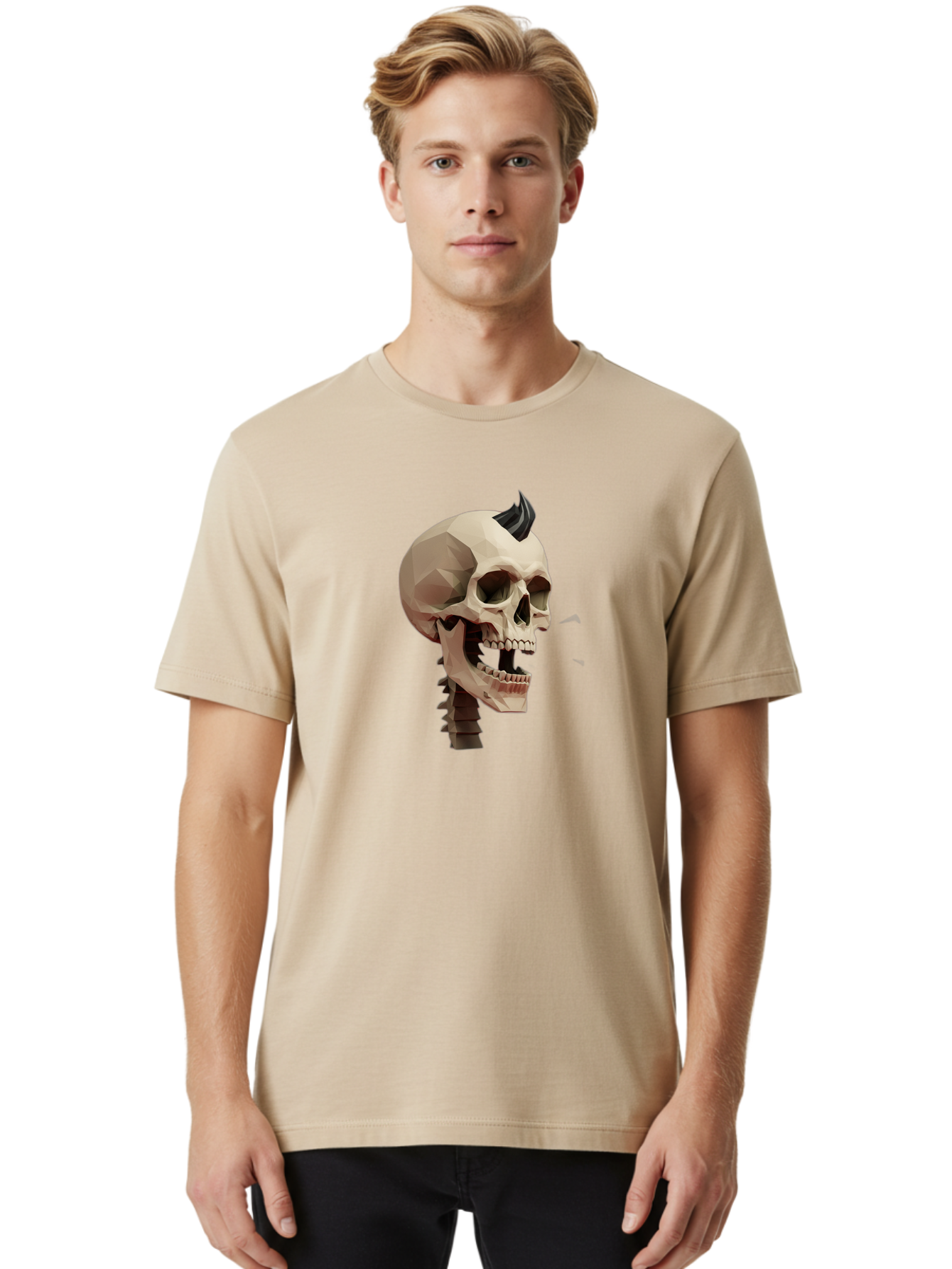 Skull-With-Mohawk Men'S Graphic Tee, 100% Cotton, Comfortable Casual Summer Wear, Machine Washable, Low Poly Skull, Geometric Shape, Punk Rock Style, Rock On, Low Poly Art, Gothic Skull, Punk Aesthetic, 3D Model, Skull Design Bad612 26
