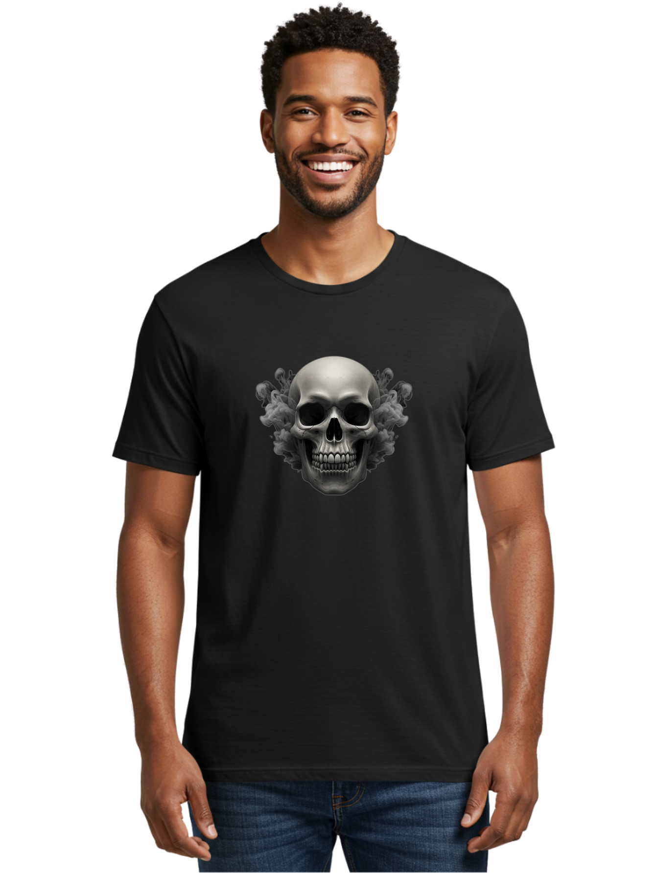 Skull-With-Mushrooms Men'S Graphic Tee, 100% Cotton, Comfortable Casual Summer Wear, Machine Washable, Skull Illustration, Gray Skull, Mushroom Cloud, Fungi Art, Gothic Design, Dark Art, Spooky Graphics, Mysterious Imagery, Eerie Atmosphere, Bad613 21