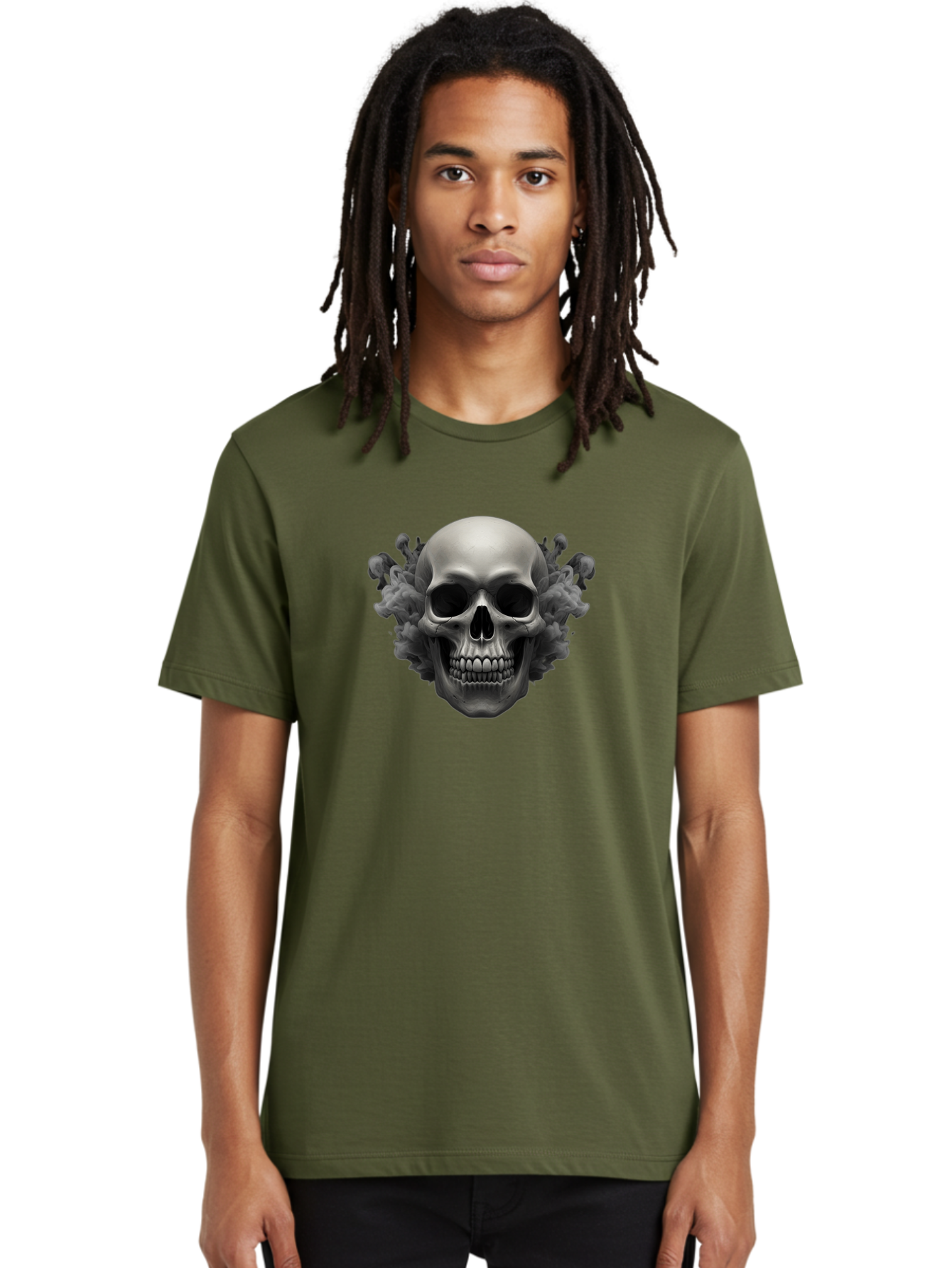 Skull-With-Mushrooms Men'S Graphic Tee, 100% Cotton, Comfortable Casual Summer Wear, Machine Washable, Skull Illustration, Gray Skull, Mushroom Cloud, Fungi Art, Gothic Design, Dark Art, Spooky Graphics, Mysterious Imagery, Eerie Atmosphere, Bad613 22