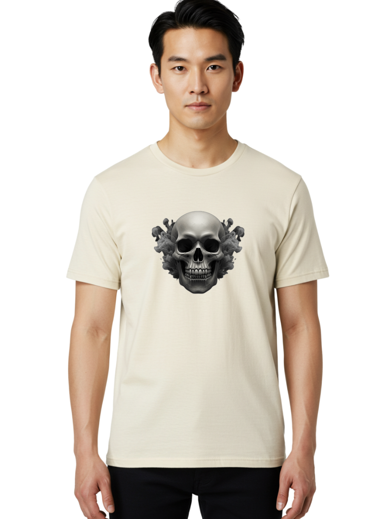 Skull-With-Mushrooms Men'S Graphic Tee, 100% Cotton, Comfortable Casual Summer Wear, Machine Washable, Skull Illustration, Gray Skull, Mushroom Cloud, Fungi Art, Gothic Design, Dark Art, Spooky Graphics, Mysterious Imagery, Eerie Atmosphere, Bad613 26