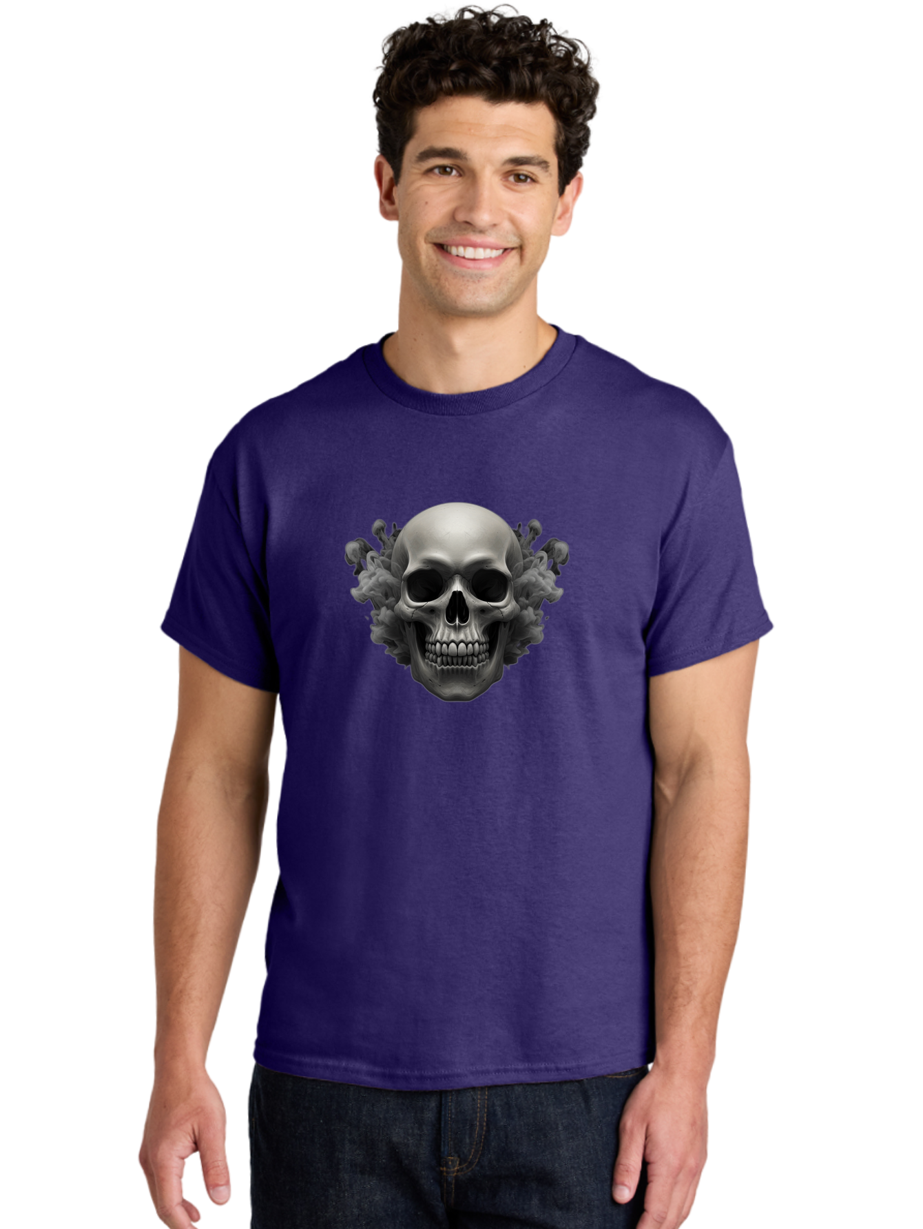 Skull-With-Mushrooms Men'S Graphic Tee, 100% Cotton, Comfortable Casual Summer Wear, Machine Washable, Skull Illustration, Gray Skull, Mushroom Cloud, Fungi Art, Gothic Design, Dark Art, Spooky Graphics, Mysterious Imagery, Eerie Atmosphere, Bad613 29