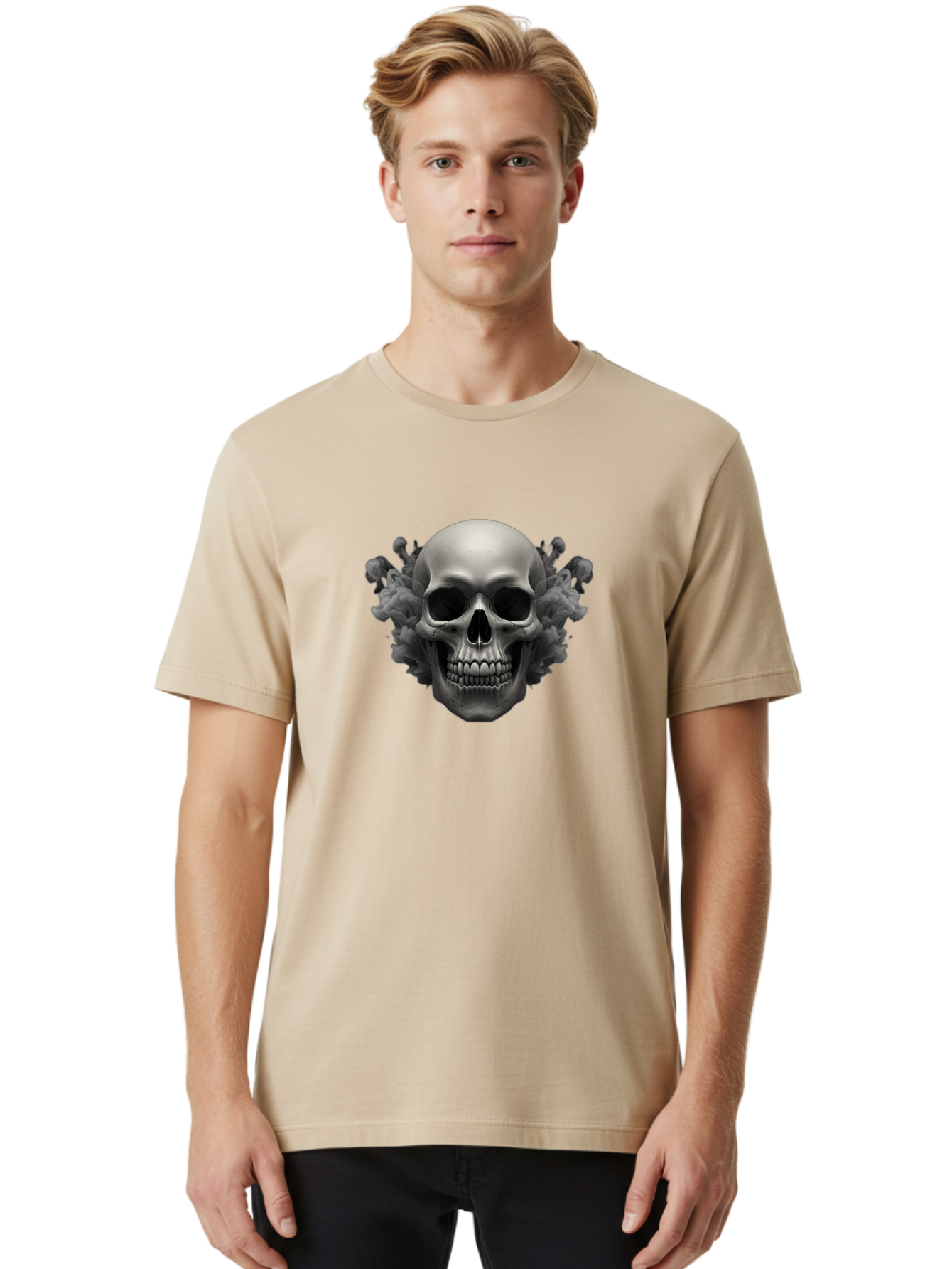 Skull-With-Mushrooms Men'S Graphic Tee, 100% Cotton, Comfortable Casual Summer Wear, Machine Washable, Skull Illustration, Gray Skull, Mushroom Cloud, Fungi Art, Gothic Design, Dark Art, Spooky Graphics, Mysterious Imagery, Eerie Atmosphere, Bad613 20