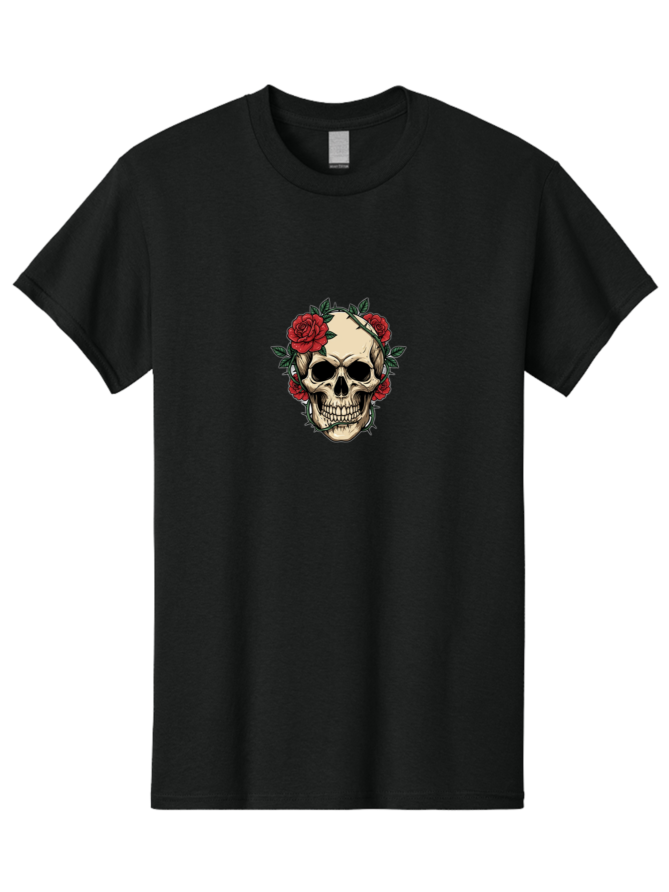 Skull-With-Roses-1 Men'S Graphic Tee, 100% Cotton, Comfortable Casual Summer Wear, Machine Washable, Skull With Flowers, Rose Wreath, Gothic Style, Human Skull, Floral Decoration, Tattoo Art, Dark Aesthetics, Symbolism, Mysterious Vibes, Bad614 2