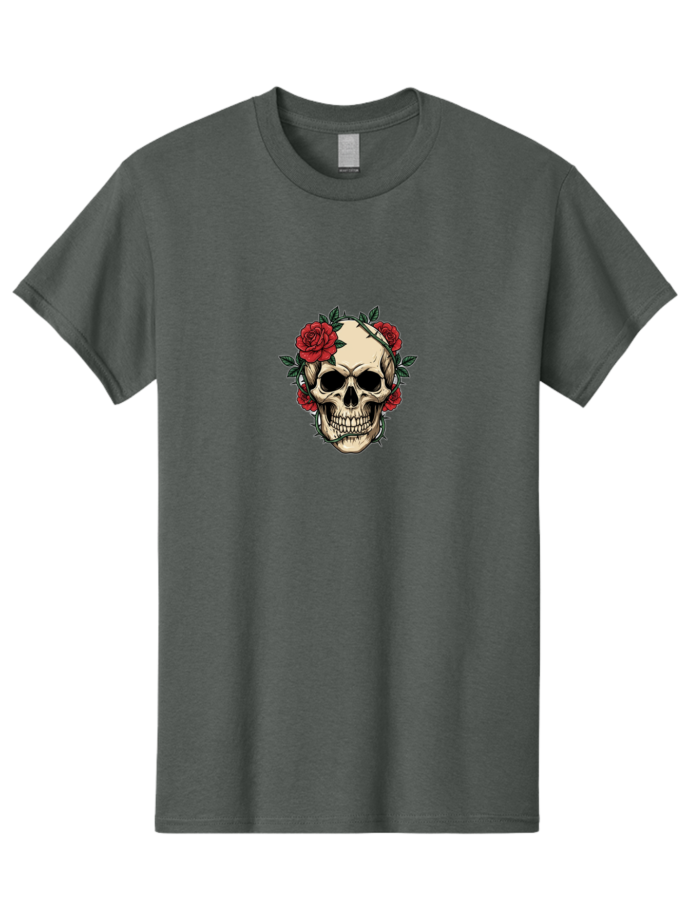 Skull-With-Roses-1 Men'S Graphic Tee, 100% Cotton, Comfortable Casual Summer Wear, Machine Washable, Skull With Flowers, Rose Wreath, Gothic Style, Human Skull, Floral Decoration, Tattoo Art, Dark Aesthetics, Symbolism, Mysterious Vibes, Bad614 3