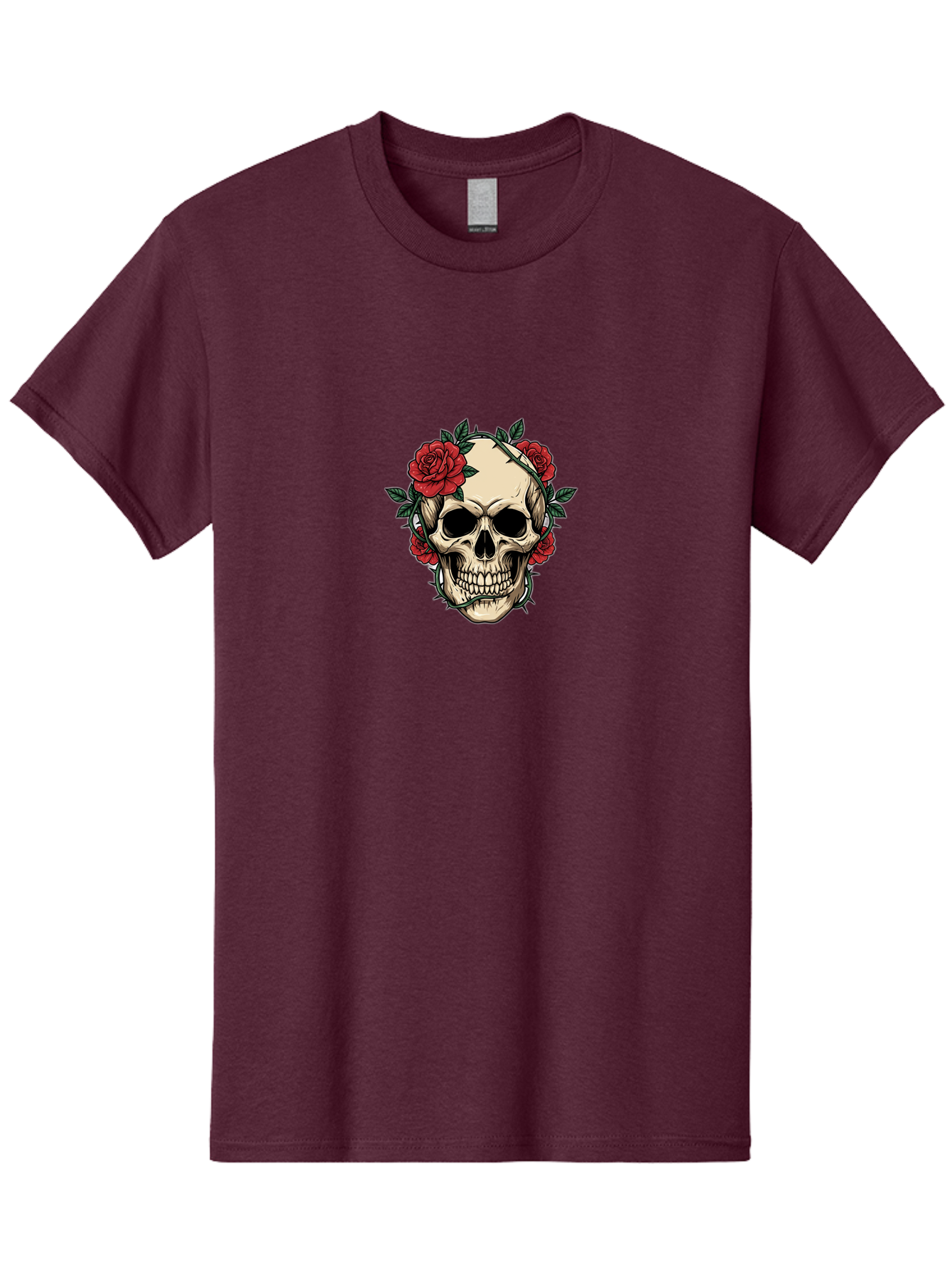 Skull-With-Roses-1 Men'S Graphic Tee, 100% Cotton, Comfortable Casual Summer Wear, Machine Washable, Skull With Flowers, Rose Wreath, Gothic Style, Human Skull, Floral Decoration, Tattoo Art, Dark Aesthetics, Symbolism, Mysterious Vibes, Bad614 14