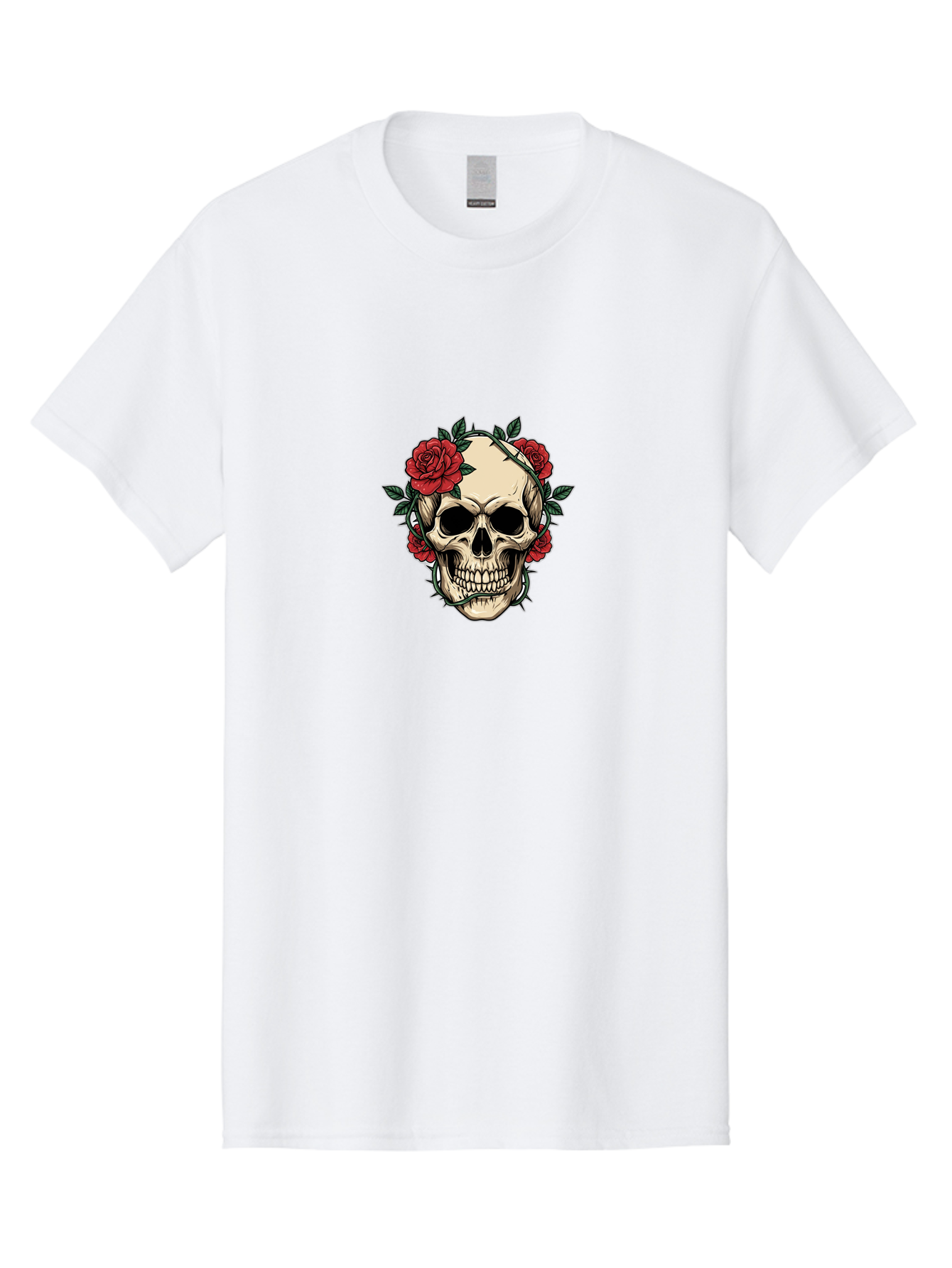 Skull-With-Roses-1 Men'S Graphic Tee, 100% Cotton, Comfortable Casual Summer Wear, Machine Washable, Skull With Flowers, Rose Wreath, Gothic Style, Human Skull, Floral Decoration, Tattoo Art, Dark Aesthetics, Symbolism, Mysterious Vibes, Bad614 10