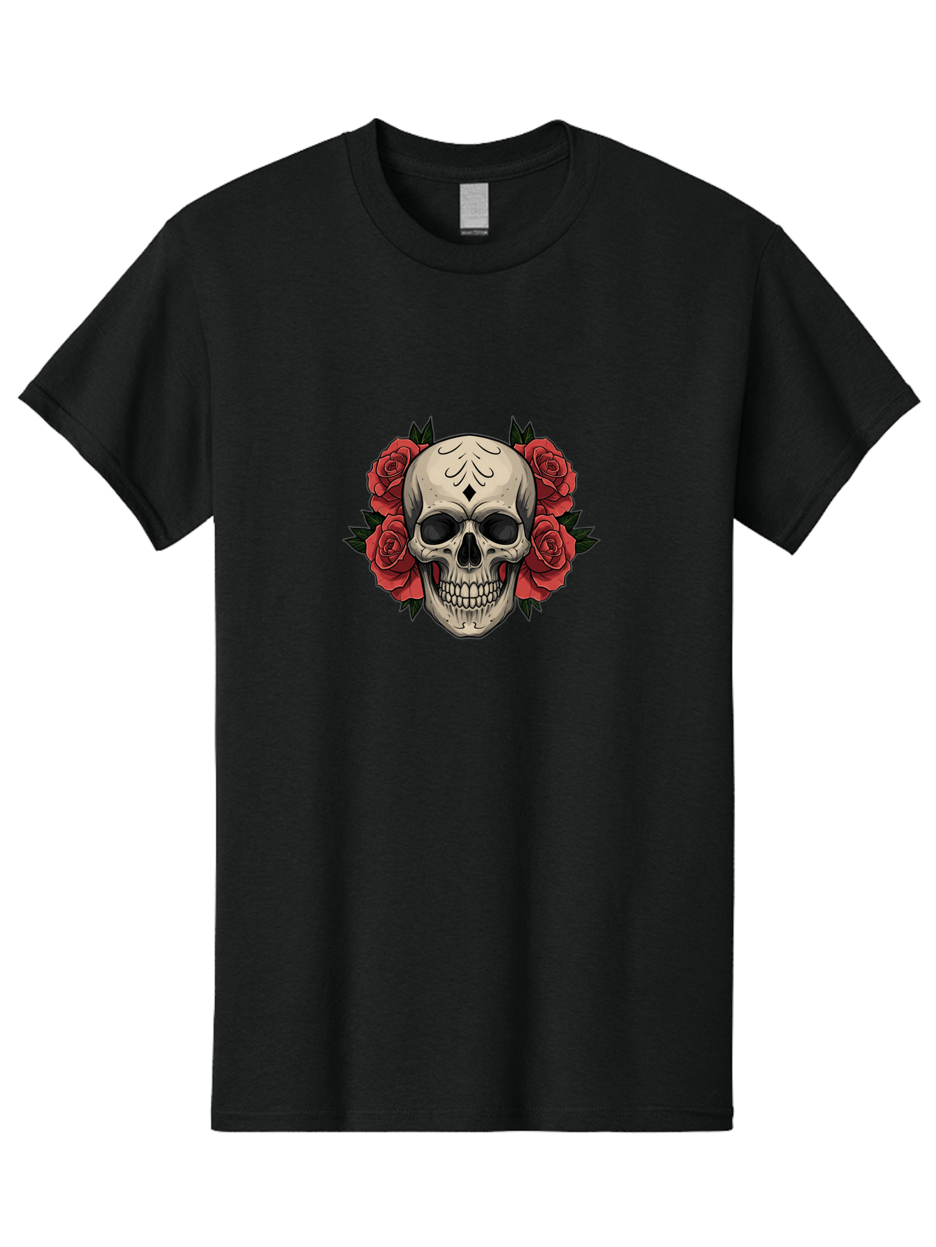 Skull-With-Roses-2 Men'S Graphic Tee, 100% Cotton, Comfortable Casual Summer Wear, Machine Washable, Skull Illustration, Red Roses, Sugar Skull, Floral Design, Gothic Art, Day Of The Dead, Tattoo Art, Skull With Flowers Bad615 15