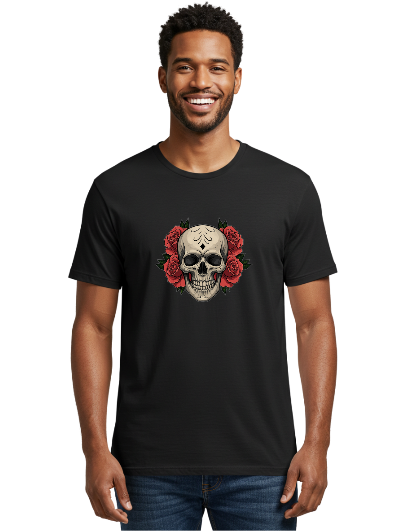 Skull-With-Roses-2 Men'S Graphic Tee, 100% Cotton, Comfortable Casual Summer Wear, Machine Washable, Skull Illustration, Red Roses, Sugar Skull, Floral Design, Gothic Art, Day Of The Dead, Tattoo Art, Skull With Flowers Bad615 30