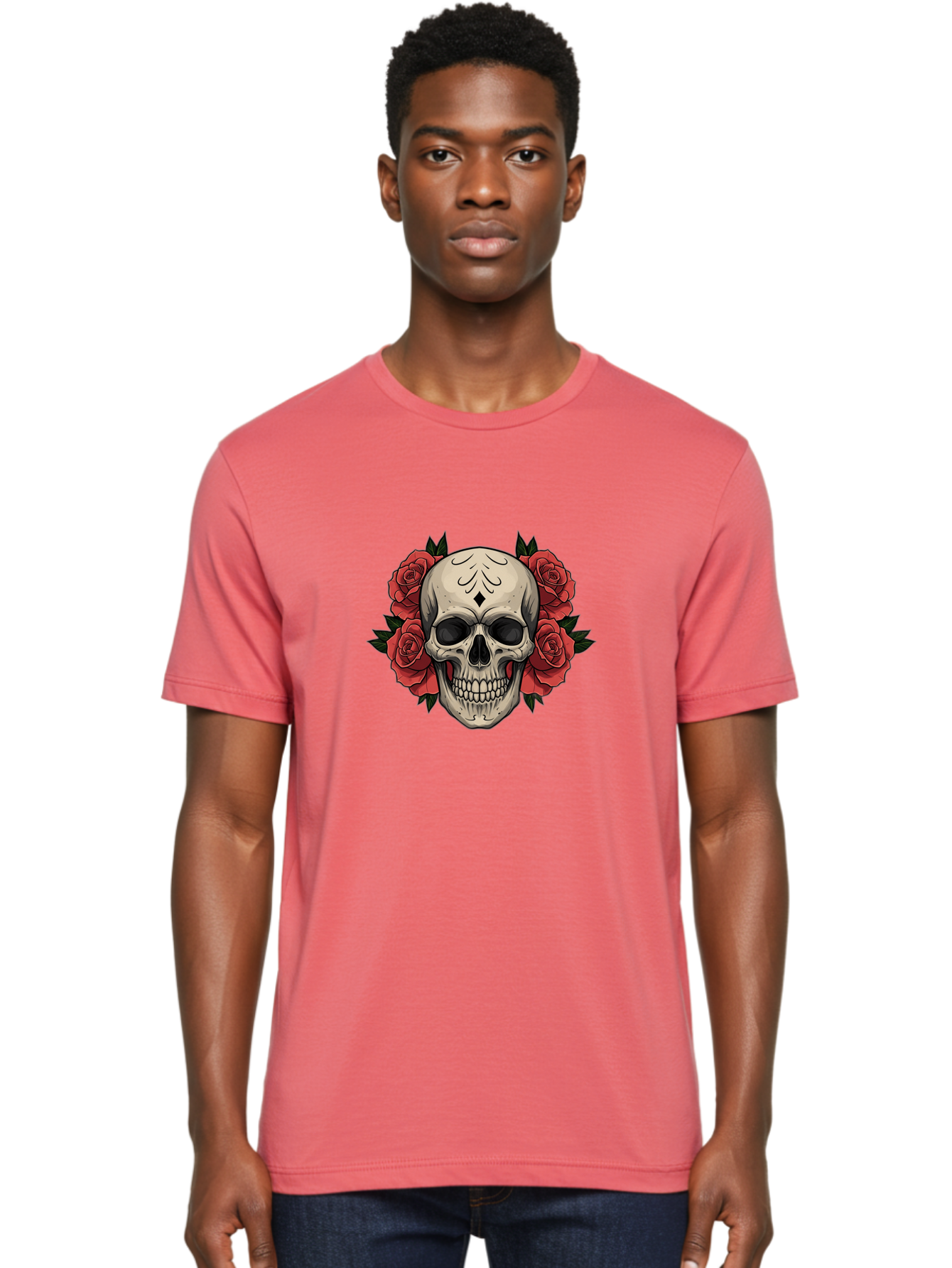 Skull-With-Roses-2 Men'S Graphic Tee, 100% Cotton, Comfortable Casual Summer Wear, Machine Washable, Skull Illustration, Red Roses, Sugar Skull, Floral Design, Gothic Art, Day Of The Dead, Tattoo Art, Skull With Flowers Bad615 24