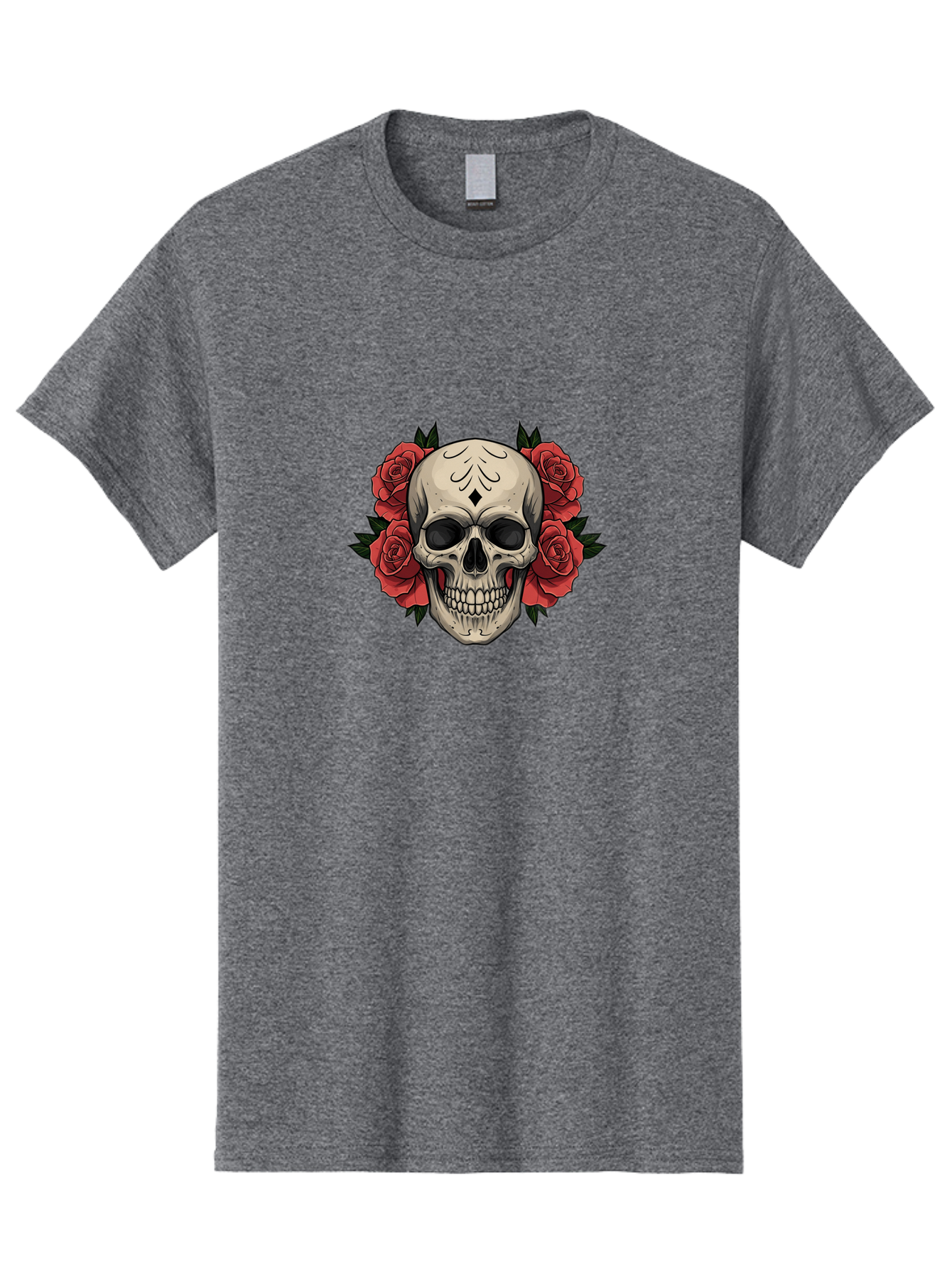 Skull-With-Roses-2 Men'S Graphic Tee, 100% Cotton, Comfortable Casual Summer Wear, Machine Washable, Skull Illustration, Red Roses, Sugar Skull, Floral Design, Gothic Art, Day Of The Dead, Tattoo Art, Skull With Flowers Bad615 2