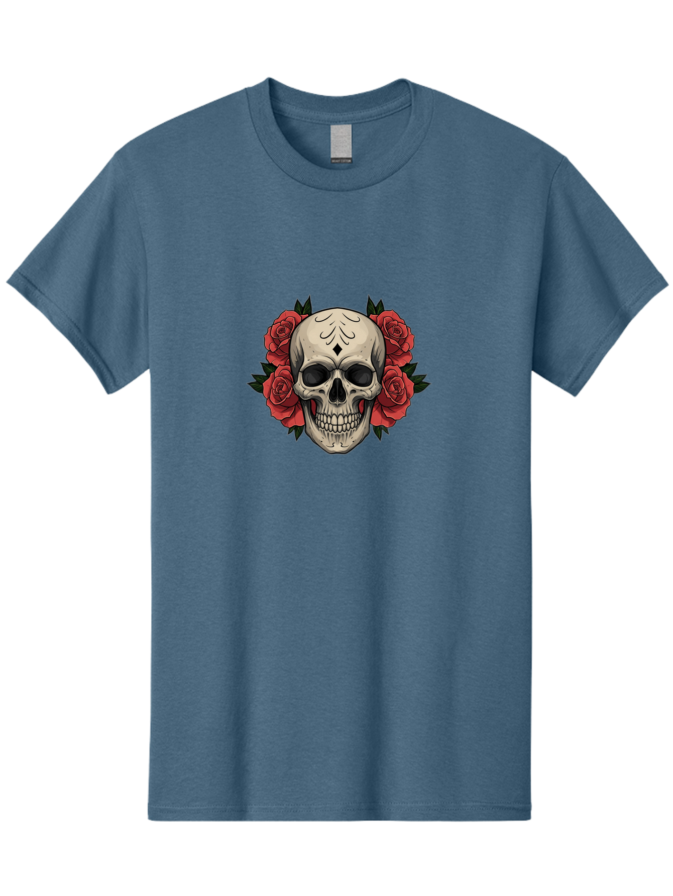 Skull-With-Roses-2 Men'S Graphic Tee, 100% Cotton, Comfortable Casual Summer Wear, Machine Washable, Skull Illustration, Red Roses, Sugar Skull, Floral Design, Gothic Art, Day Of The Dead, Tattoo Art, Skull With Flowers Bad615 1