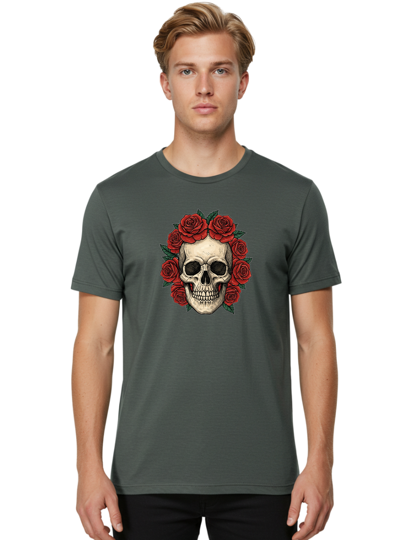 Skull-With-Roses-3 Men'S Graphic Tee, 100% Cotton, Comfortable Casual Summer Wear, Machine Washable, Skull With Red Roses, Sugar Skull, Day Of The Dead, Floral Wreath, Gothic Romance, Dark Art, Vintage Illustration, Red Roses, Tattoo Art Bad616 24