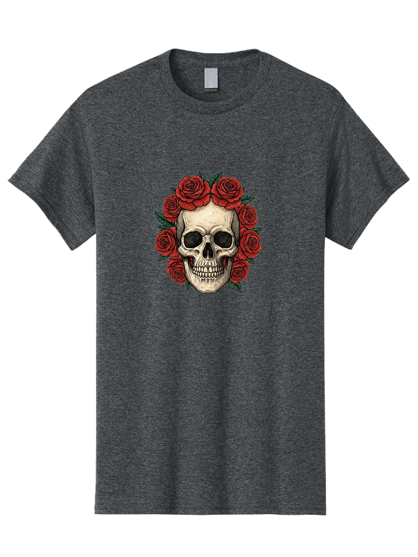 Skull-With-Roses-3 Men'S Graphic Tee, 100% Cotton, Comfortable Casual Summer Wear, Machine Washable, Skull With Red Roses, Sugar Skull, Day Of The Dead, Floral Wreath, Gothic Romance, Dark Art, Vintage Illustration, Red Roses, Tattoo Art Bad616 12