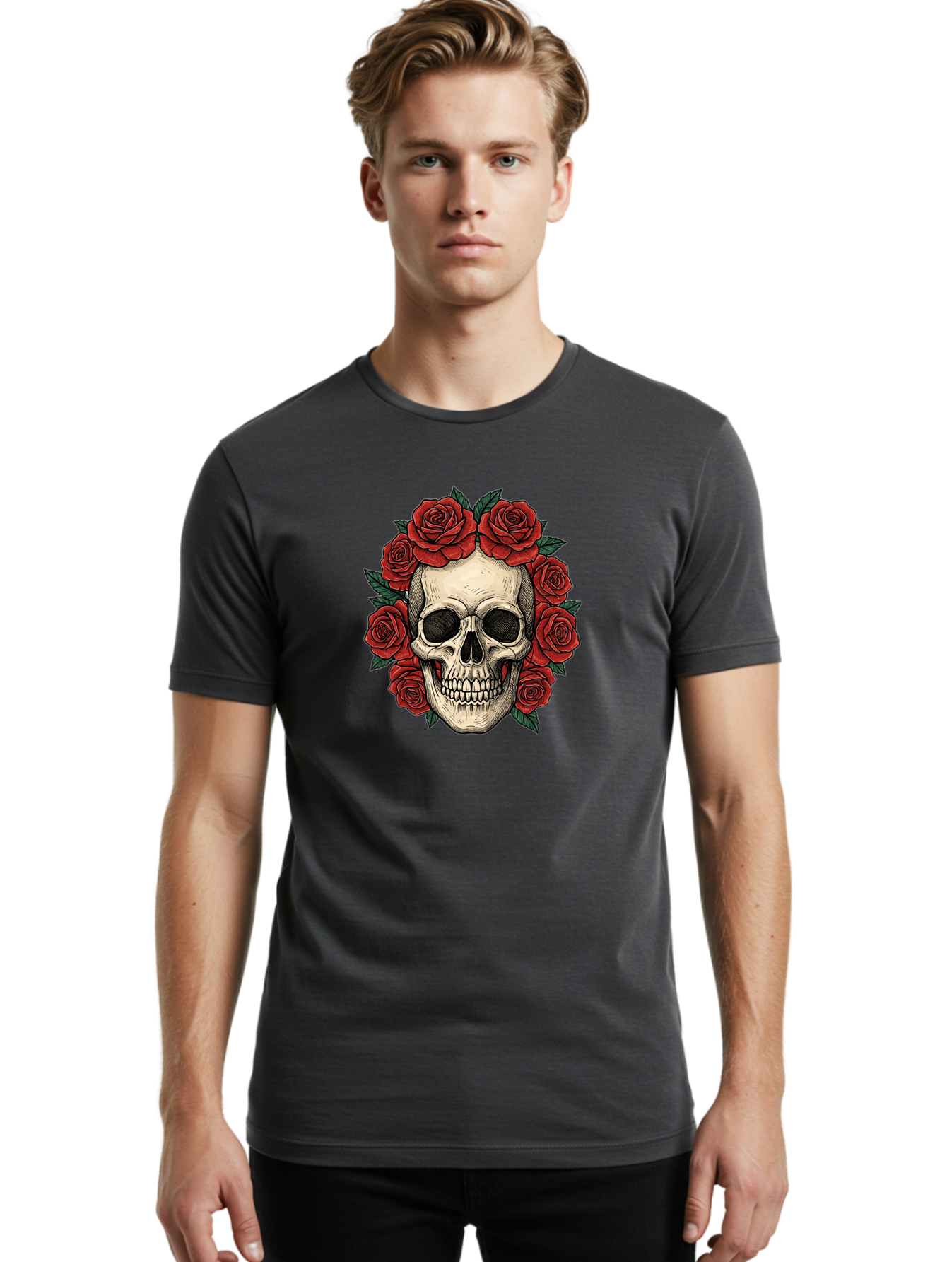 Skull-With-Roses-3 Men'S Graphic Tee, 100% Cotton, Comfortable Casual Summer Wear, Machine Washable, Skull With Red Roses, Sugar Skull, Day Of The Dead, Floral Wreath, Gothic Romance, Dark Art, Vintage Illustration, Red Roses, Tattoo Art Bad616 27